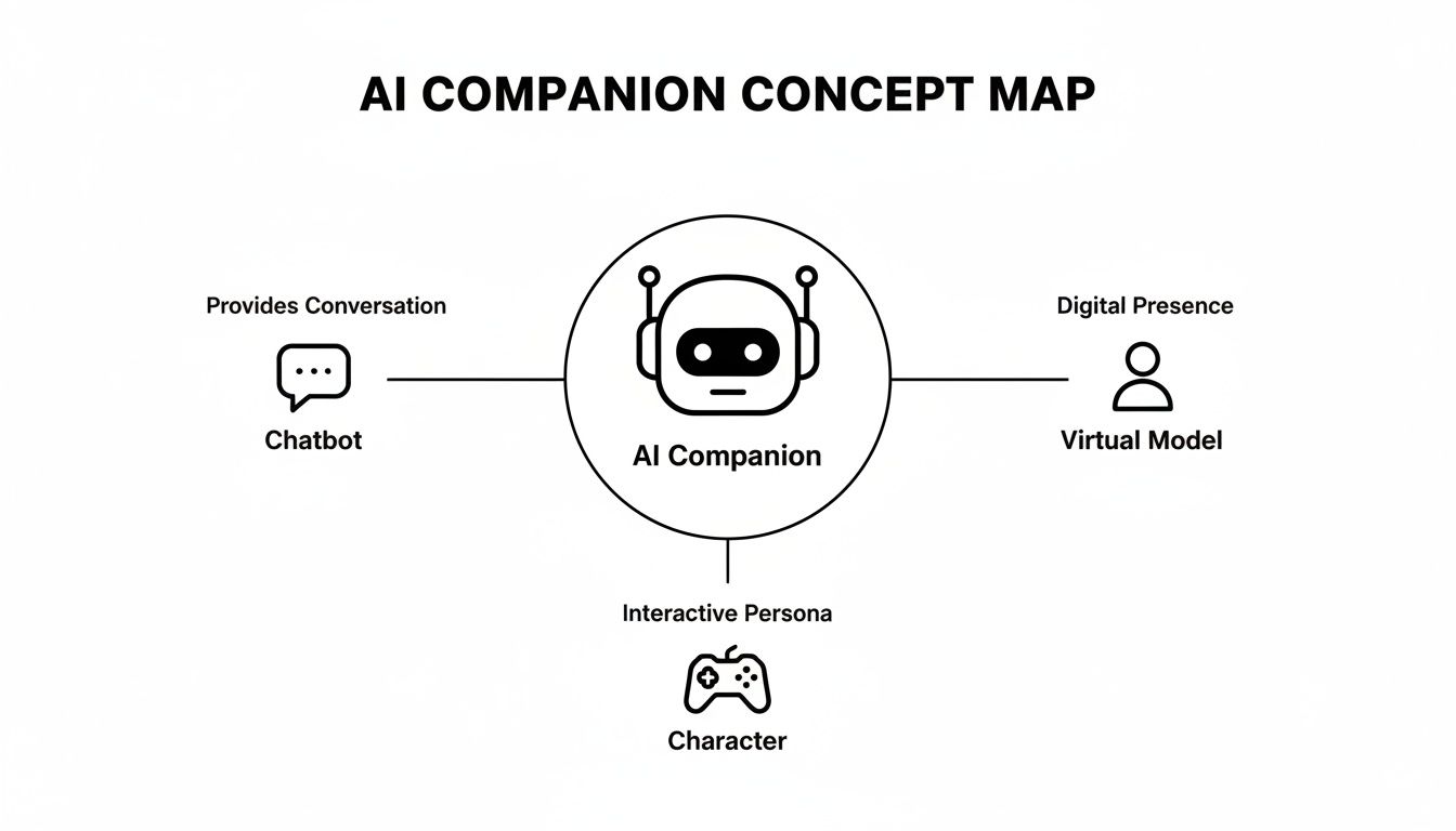 A concept map showing 'AI Companion' at the center, branching into Chatbot, Virtual Model, and Character.