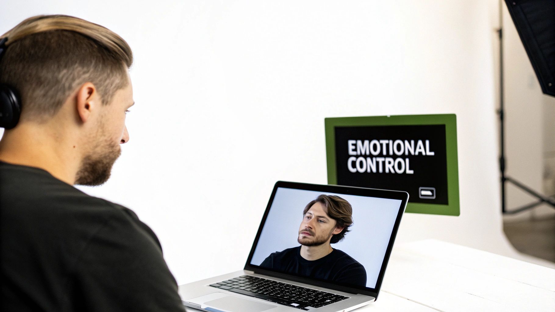 A man in headphones looking at a laptop displaying a man's face, with an 'EMOTIONAL CONTROL' screen in the background.
