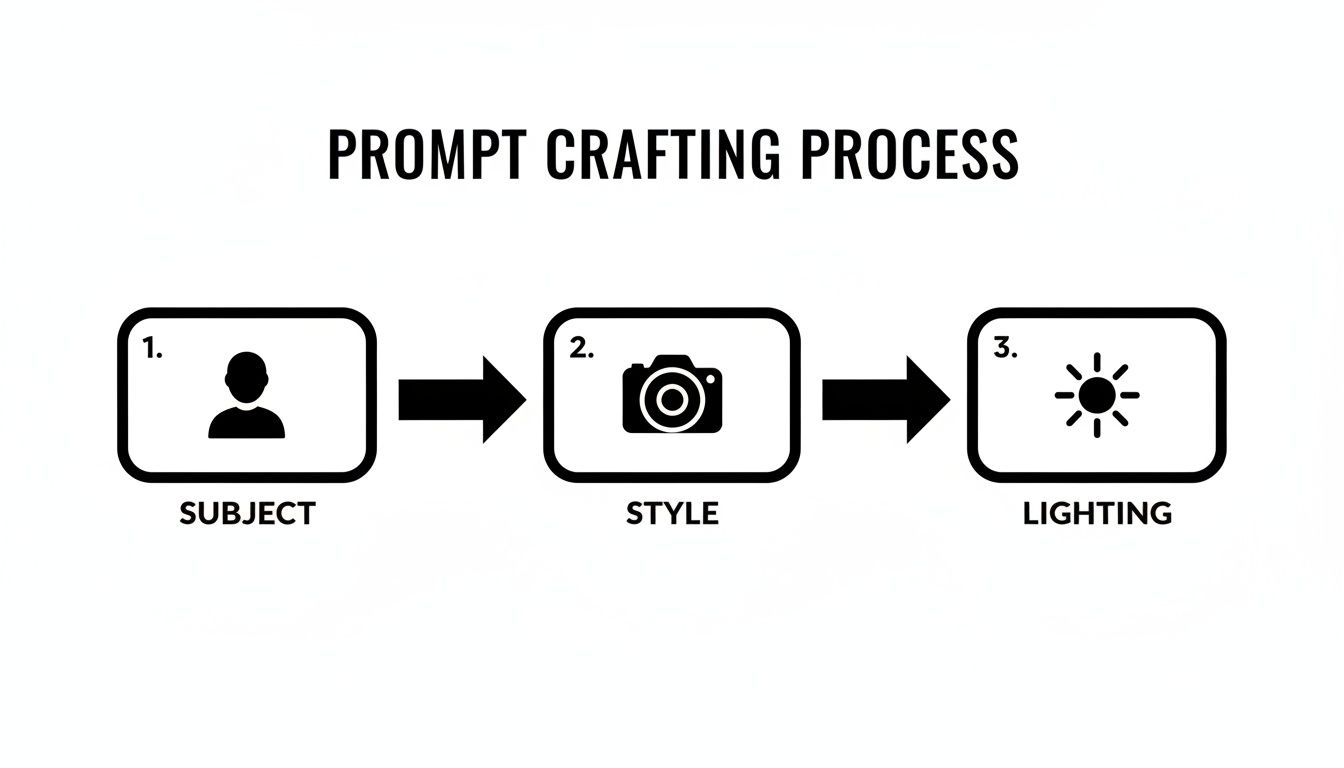 Diagram showing the prompt crafting process: Subject, Style, and Lighting steps.