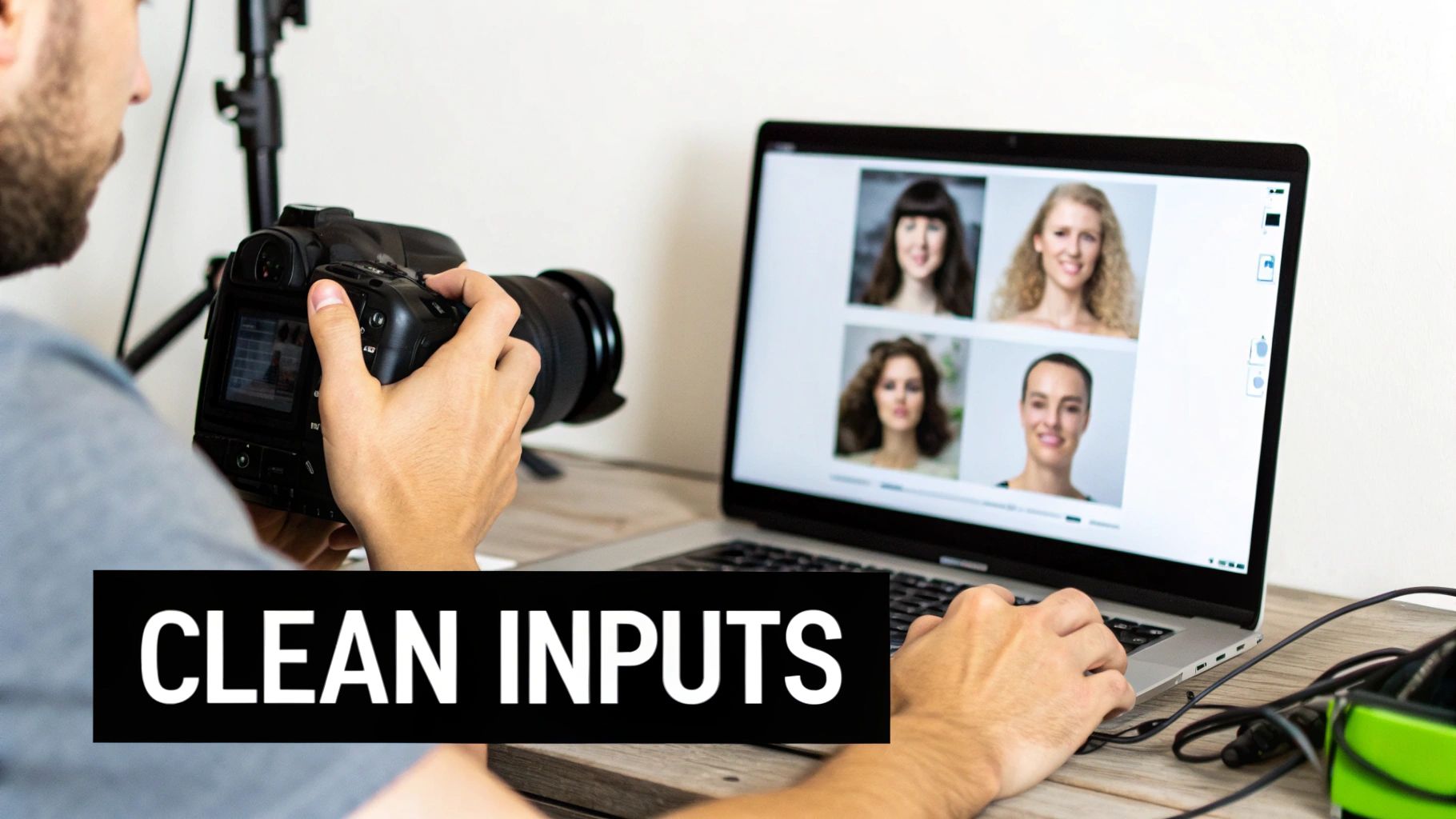 A person holds a camera, reviewing images of various female faces on a laptop screen, with 'CLEAN INPUTS' text overlay.