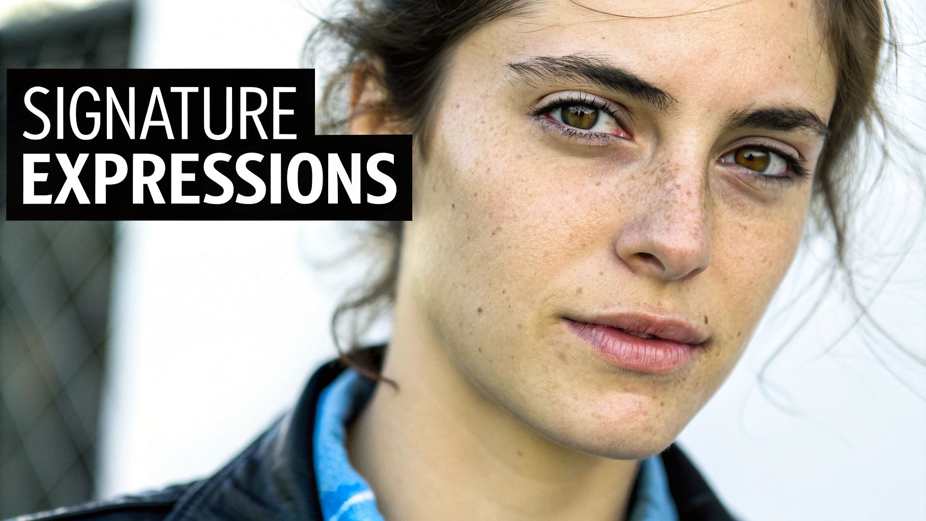 Close-up of a woman's face with freckles and hazel eyes, with 'SIGNATURE EXPRESSIONS' text.