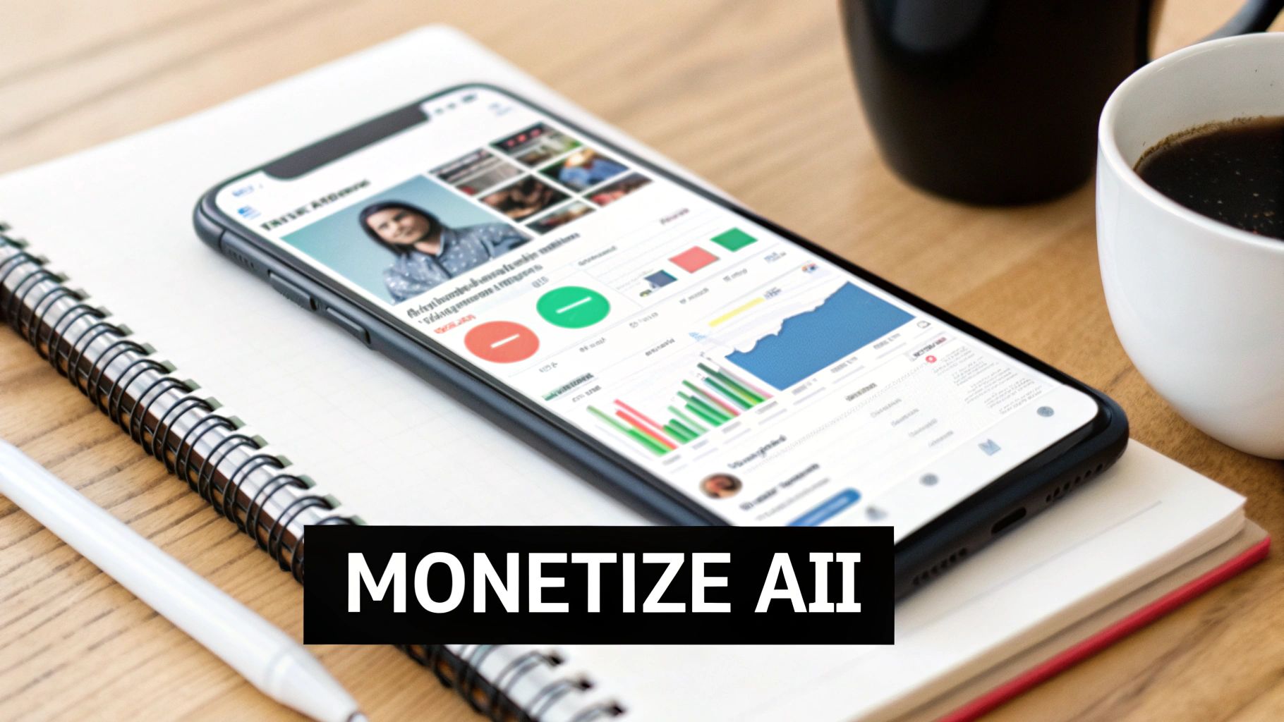 Smartphone displaying an analytics app for AI monetization on a notebook, with a pen and coffee cups.