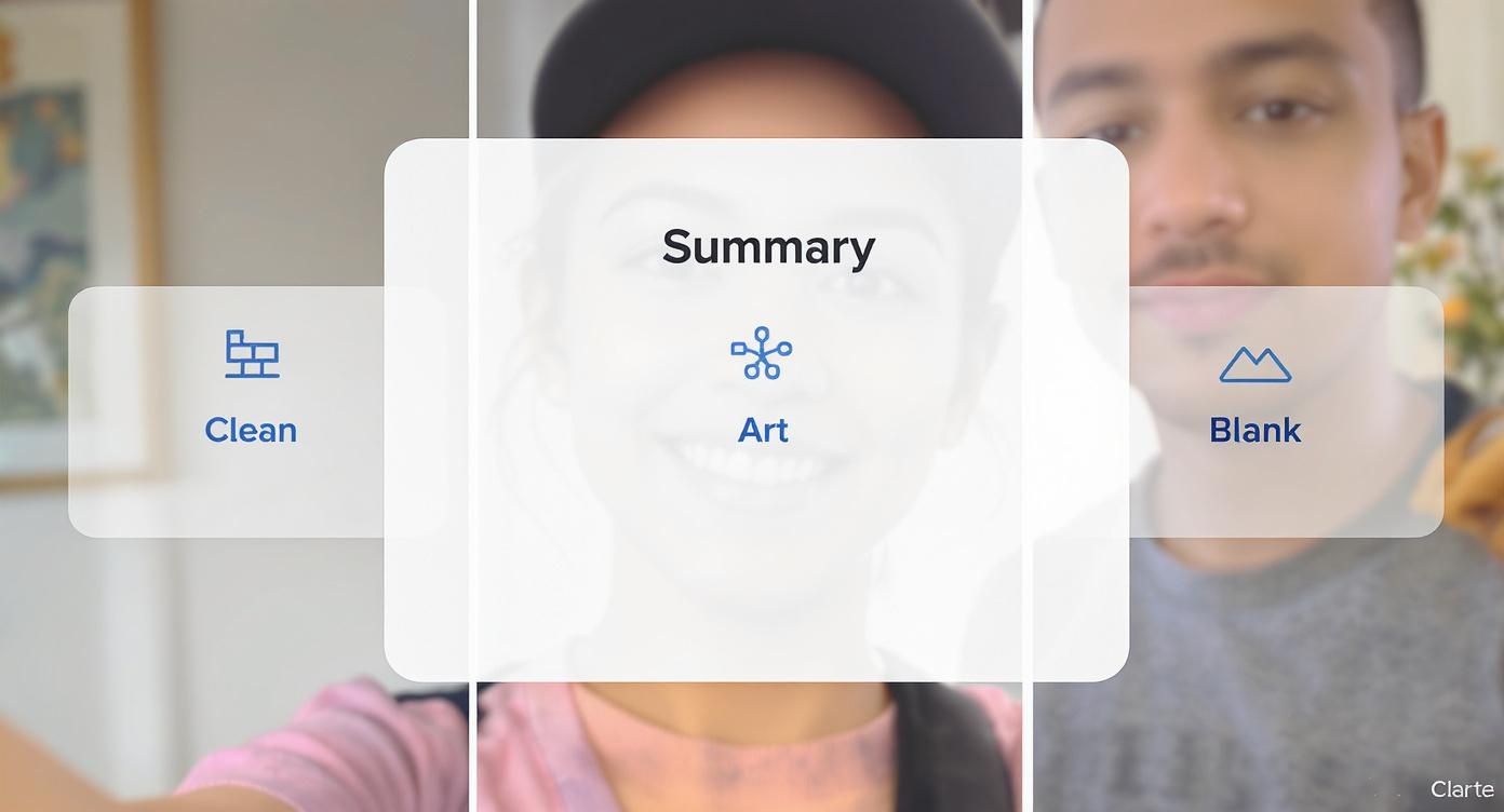 User interface displaying 'Clean', 'Art', and 'Blank' filter options over blurred selfie portraits.