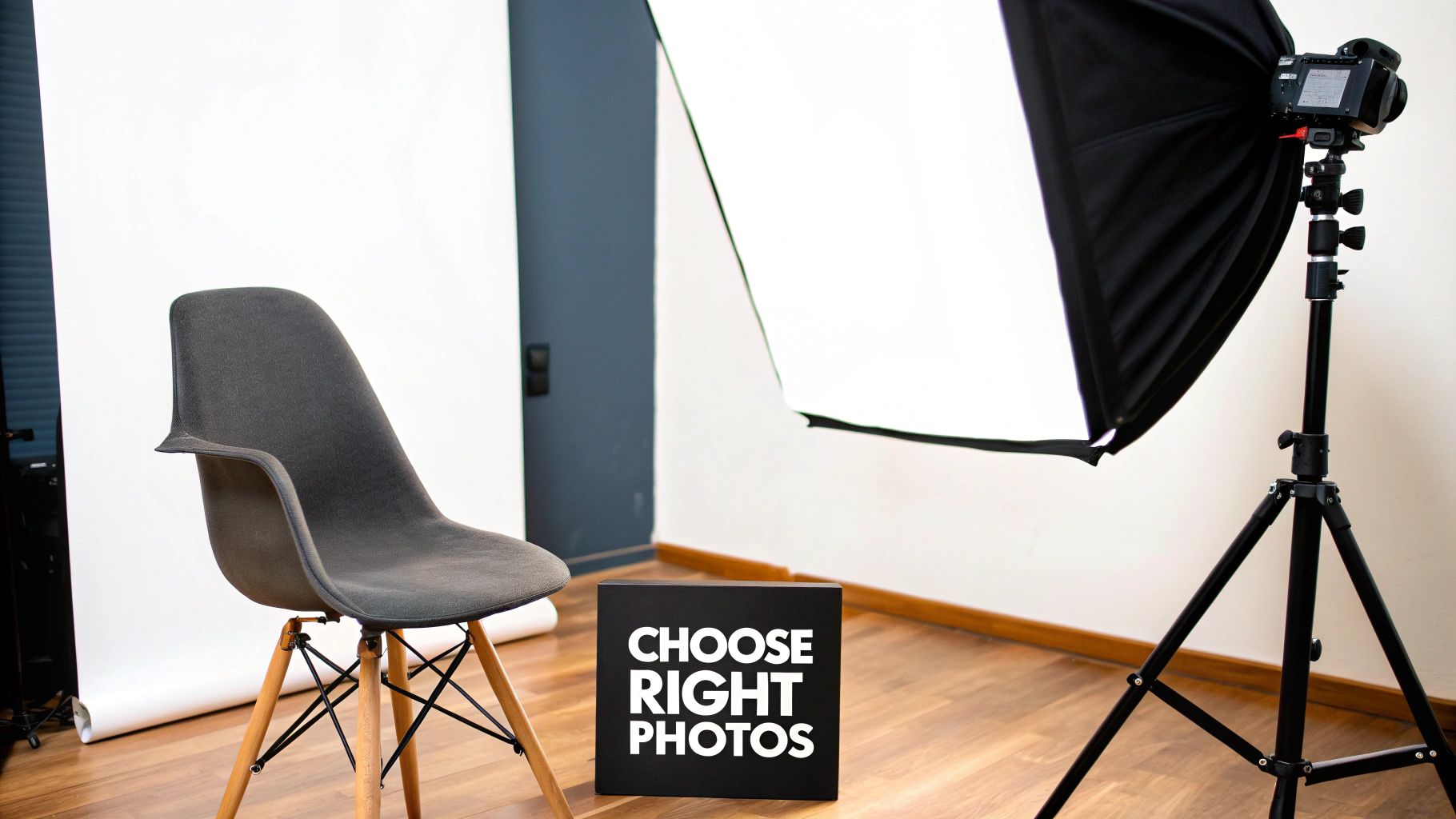 A professional photography studio setup with a grey chair, camera, softbox, and a sign that says 'CHOOSE RIGHT PHOTOS'.