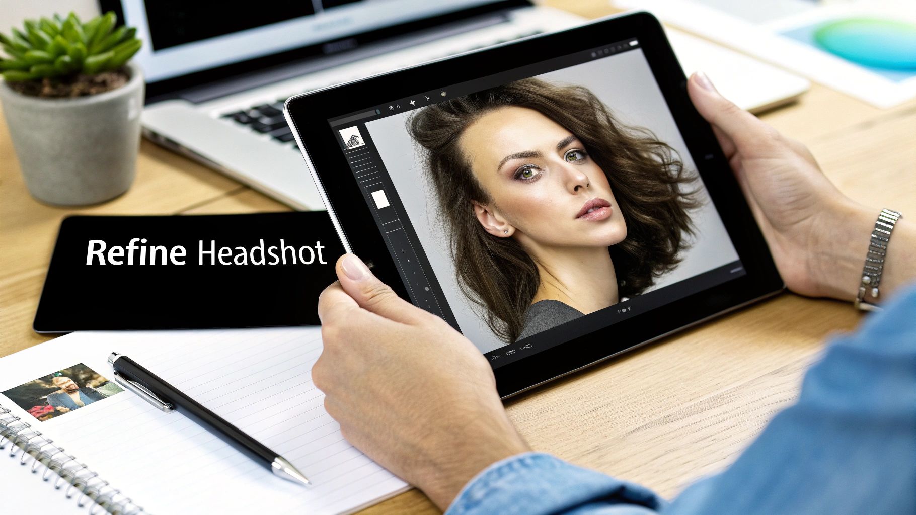 A person holds a tablet displaying a refined professional headshot image, with a notepad and pen on a wooden desk.