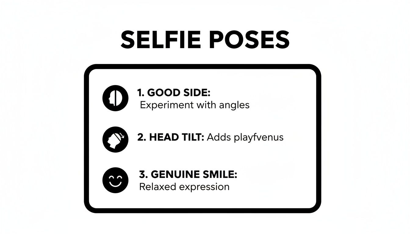 A white graphic titled 'SELFIE POSES' with three tips: Good Side, Head Tilt, and Genuine Smile.