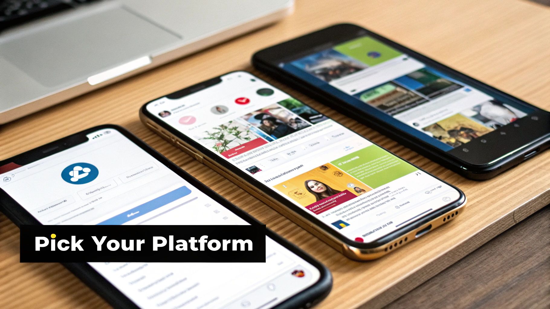 A smartphone screen displaying the logos of TikTok, Instagram, X, and LinkedIn, symbolizing platform selection.