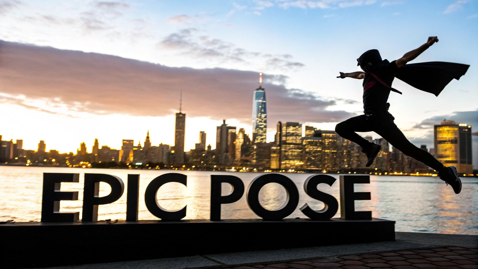 A superhero posing dynamically against a dramatic, ruin-filled cityscape.