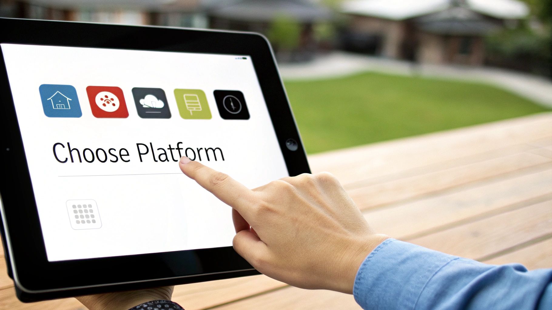 A person's hand touches a tablet screen displaying 'Choose Platform' and various app icons outdoors.