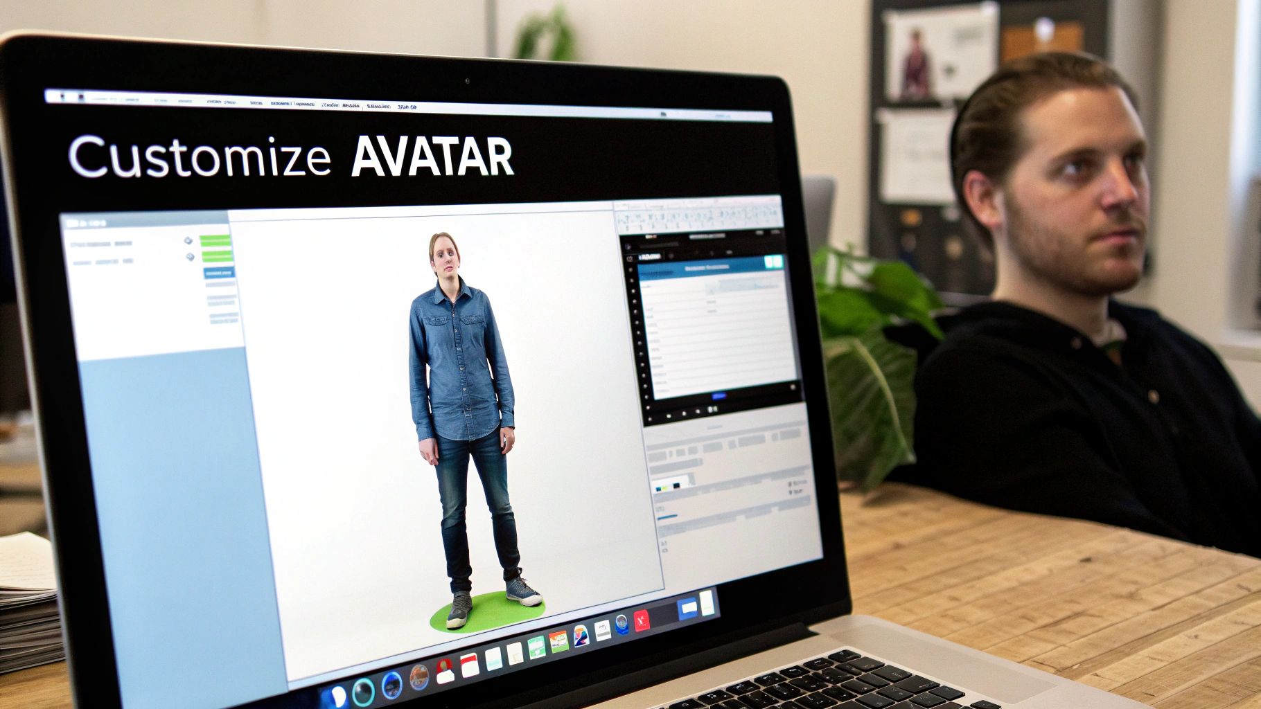 A laptop displays a digital avatar customization screen with a man sitting at a wooden desk.