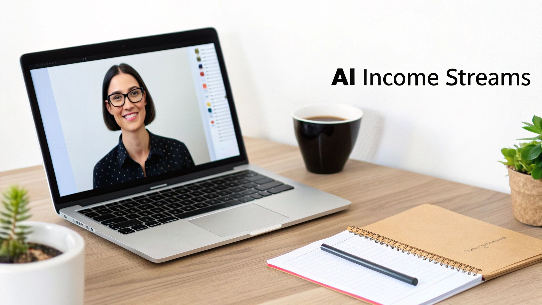 A creative workspace with a tablet showing an AI-generated character, surrounded by design tools and plants.