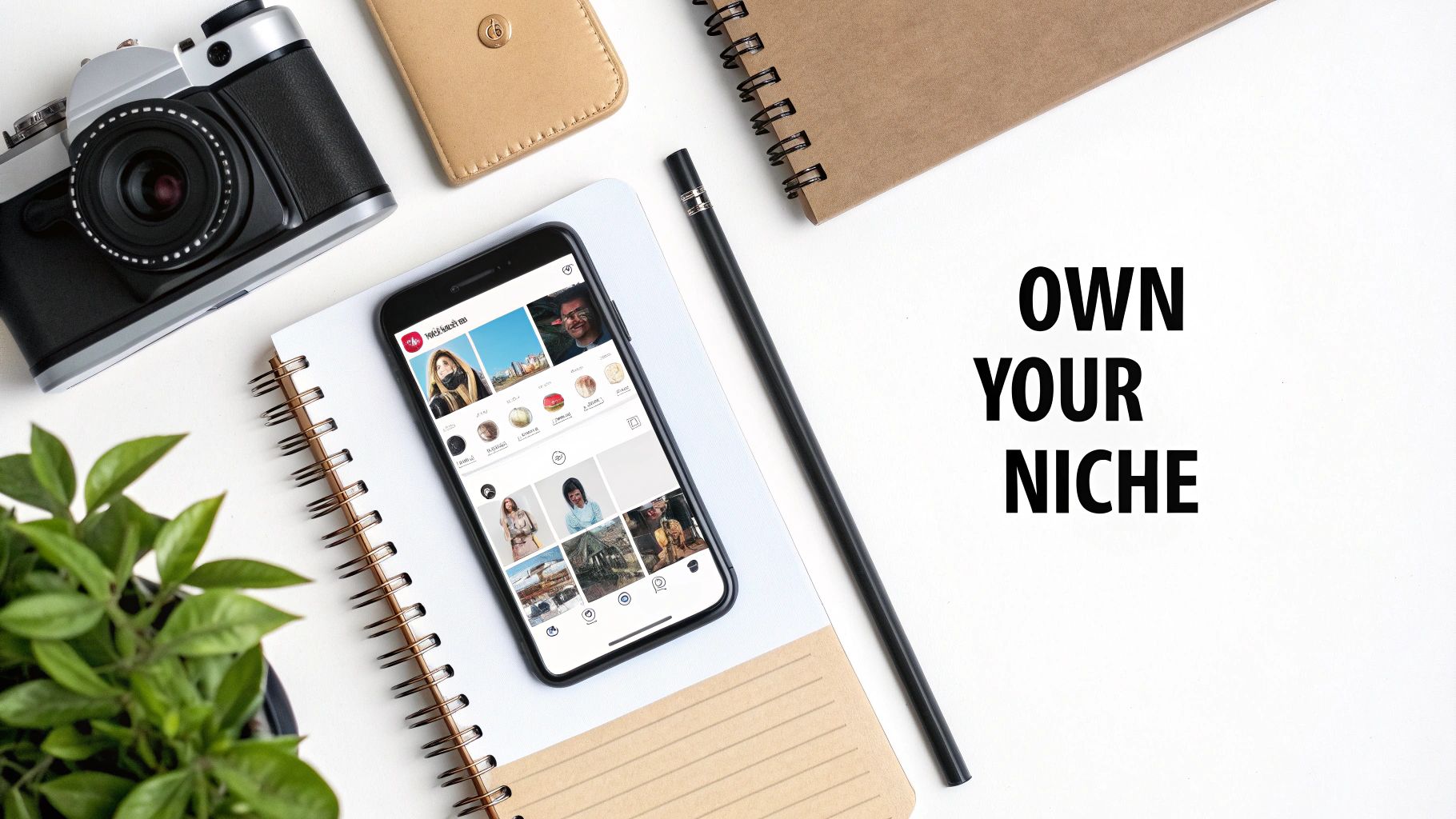 Overhead shot of a creative workspace with a camera, smartphone, notebook, and the motivational text 'OWN YOUR NICHE'.