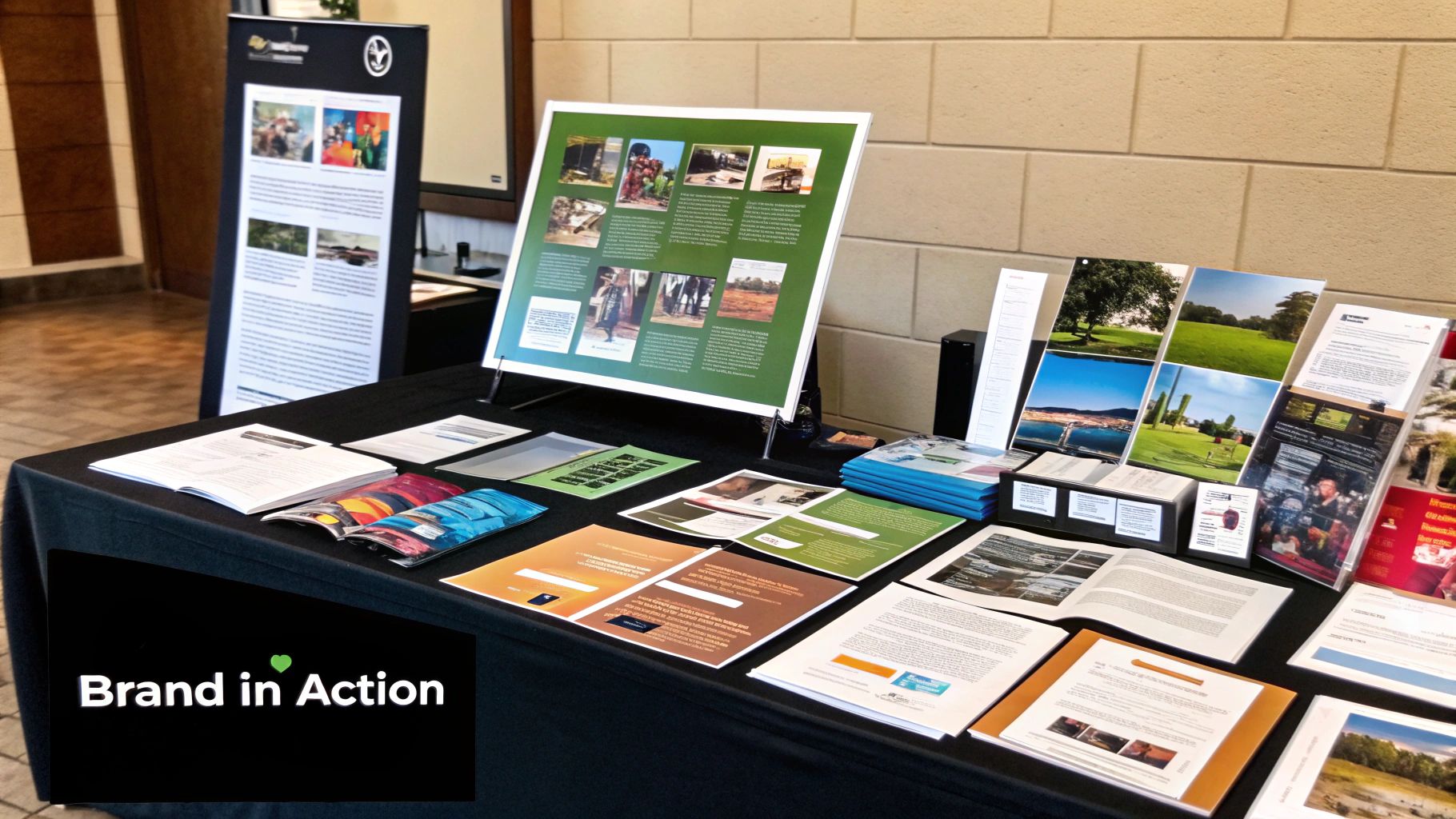 A person arranging photos and illustrations on a large board, demonstrating the practical application of brand guidelines.