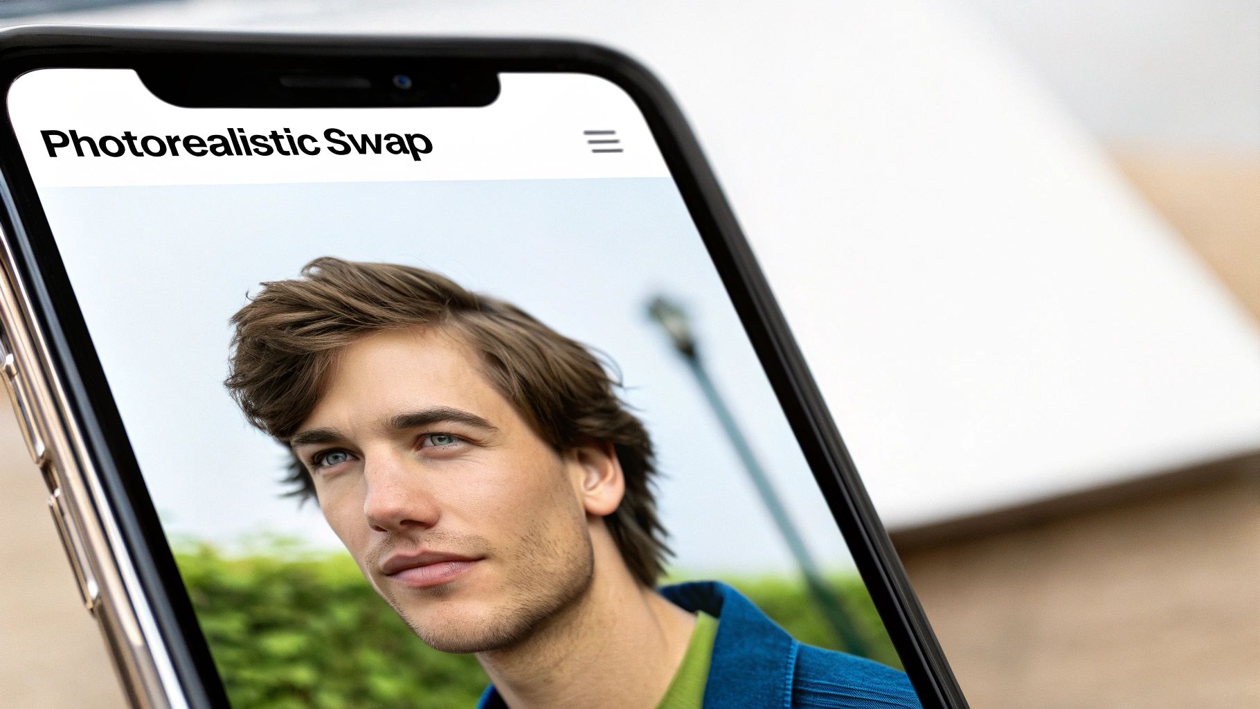 A smartphone screen displays a photorealistic image of a man, with 'Photorealistic Swap' text.