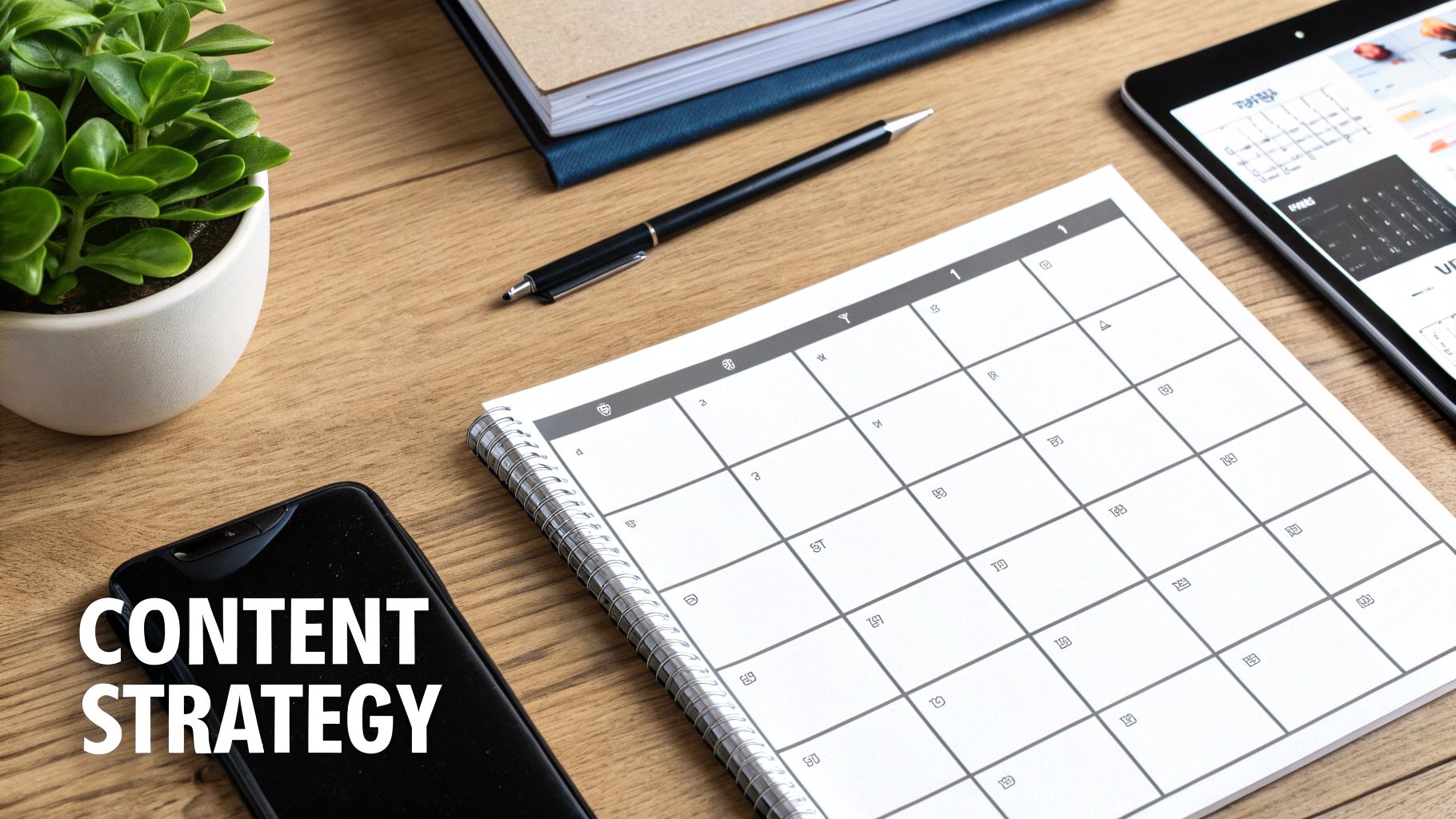 Overhead view of a workspace with a content calendar, tablet, phone displaying 'CONTENT STRATEGY', and notebooks.