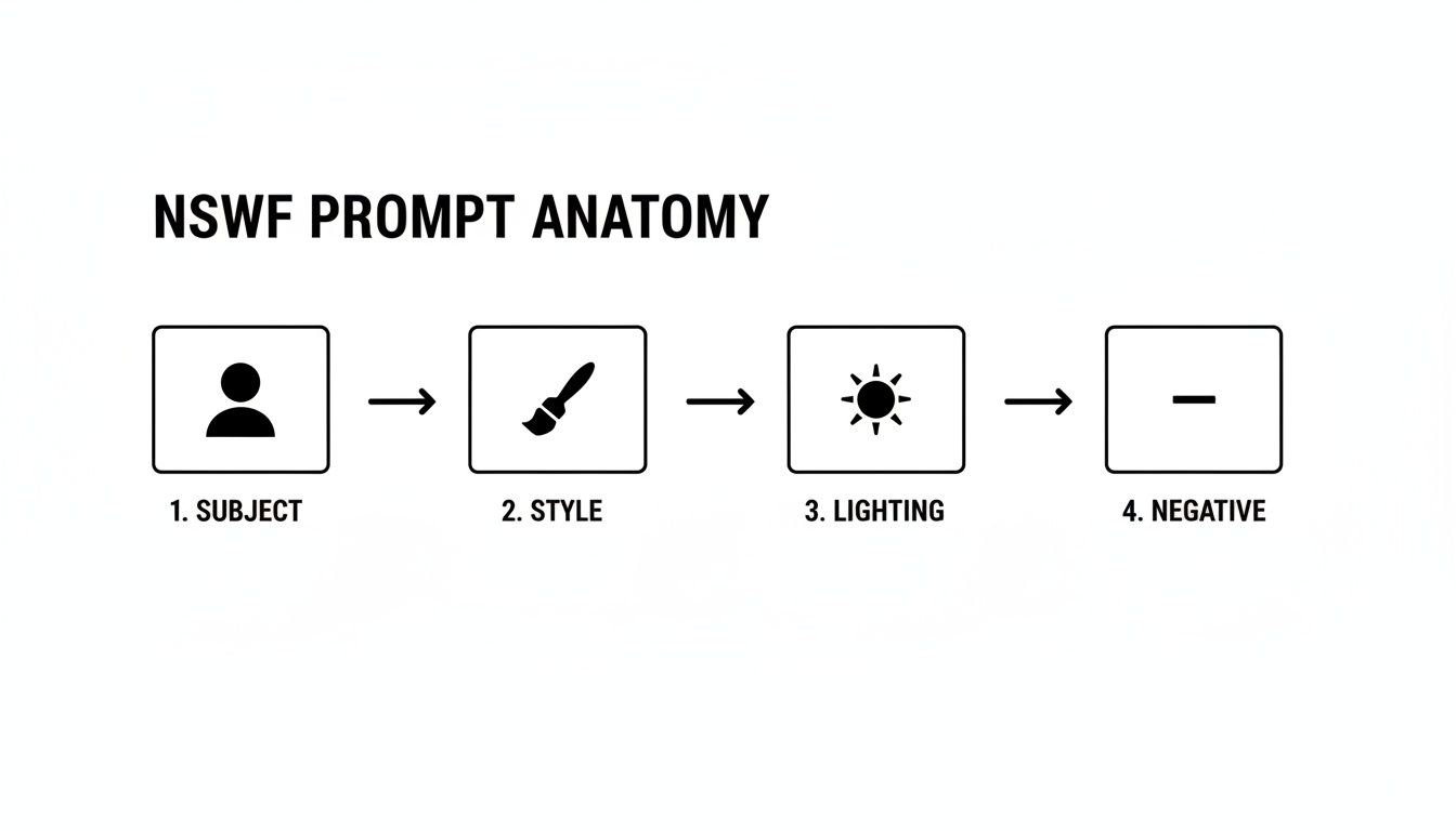 Diagram illustrating NSFW prompt anatomy showing steps for subject, style, lighting, and negative.
