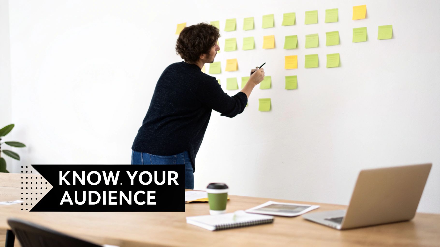 A person brainstorming by arranging yellow and green sticky notes on a white wall in an office.