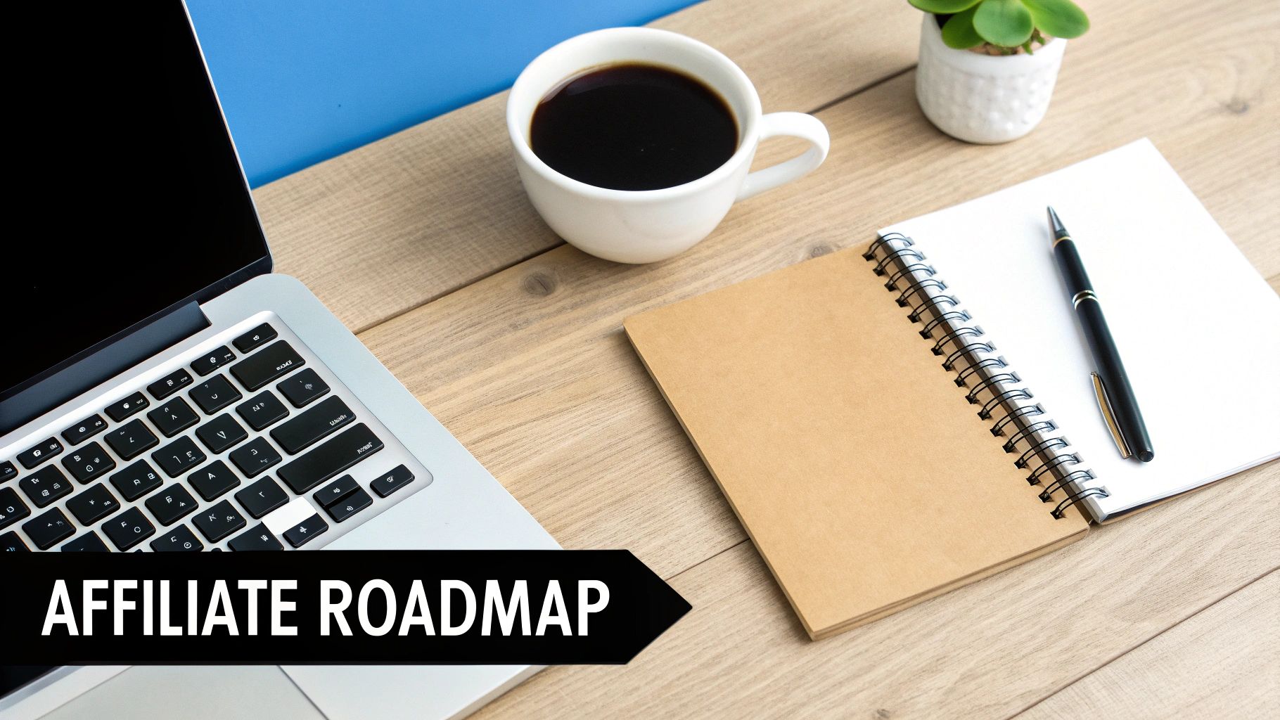 Overhead view of a workspace with a laptop, coffee, notebook, and pen on a wooden desk, featuring 'AFFILIATE ROADMAP' text.