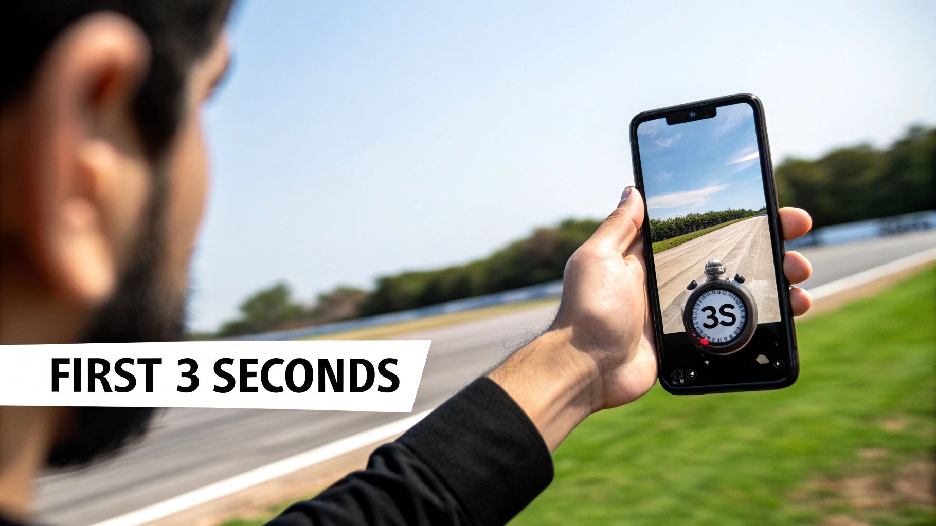 Person holds smartphone displaying a stopwatch with '3S' over a race track, next to 'FIRST 3 SECONDS' text.