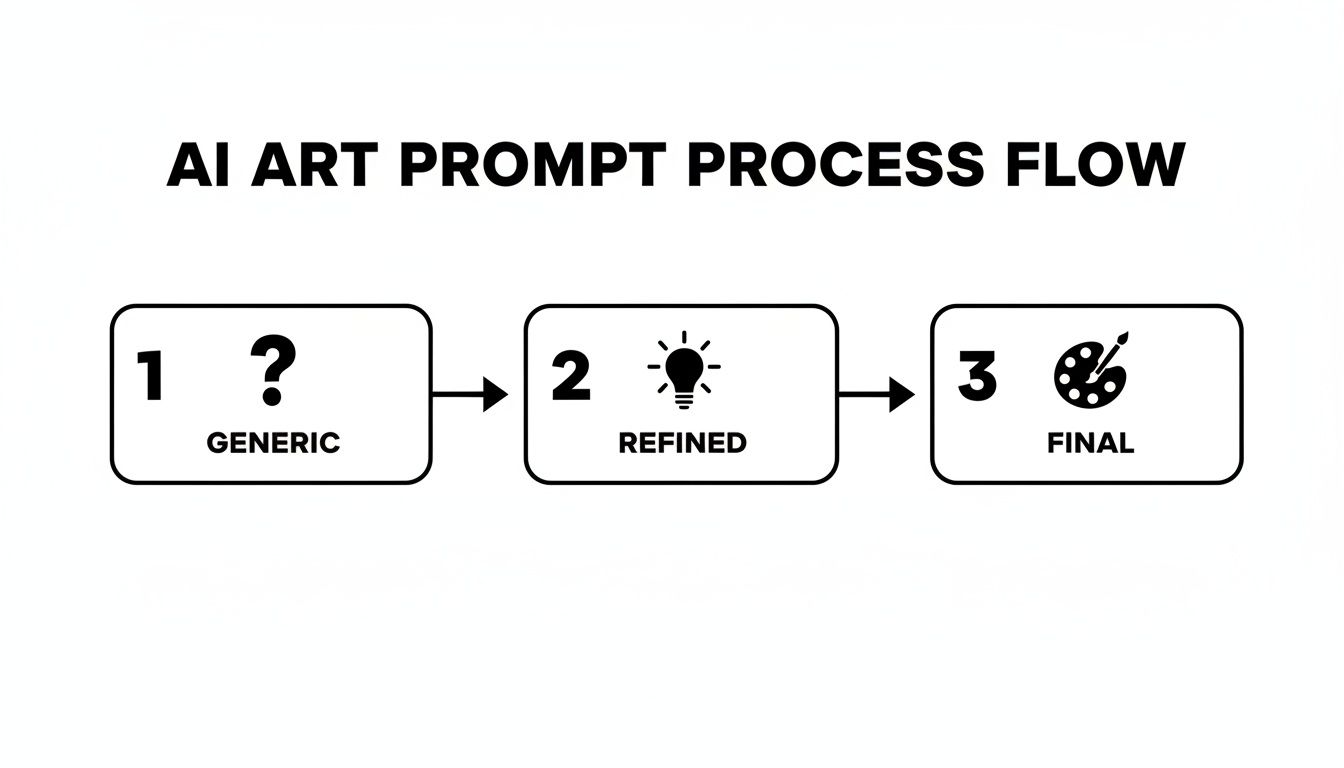 A three-step AI art prompt process flow diagram: Generic, Refined, and Final stages are shown.