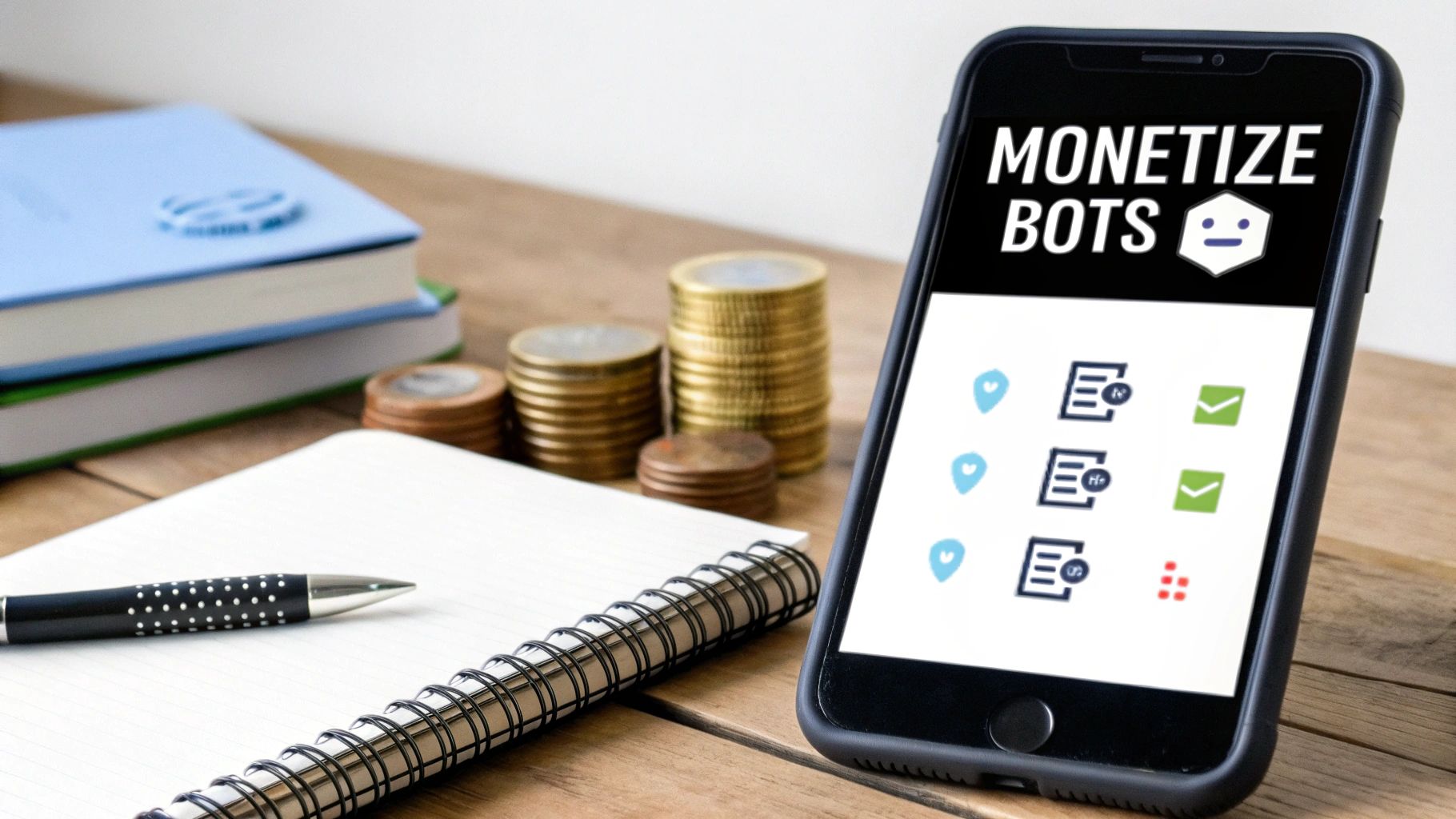 Smartphone displaying 'MONETIZE BOTS' app, alongside a notebook, pen, and stacks of coins.