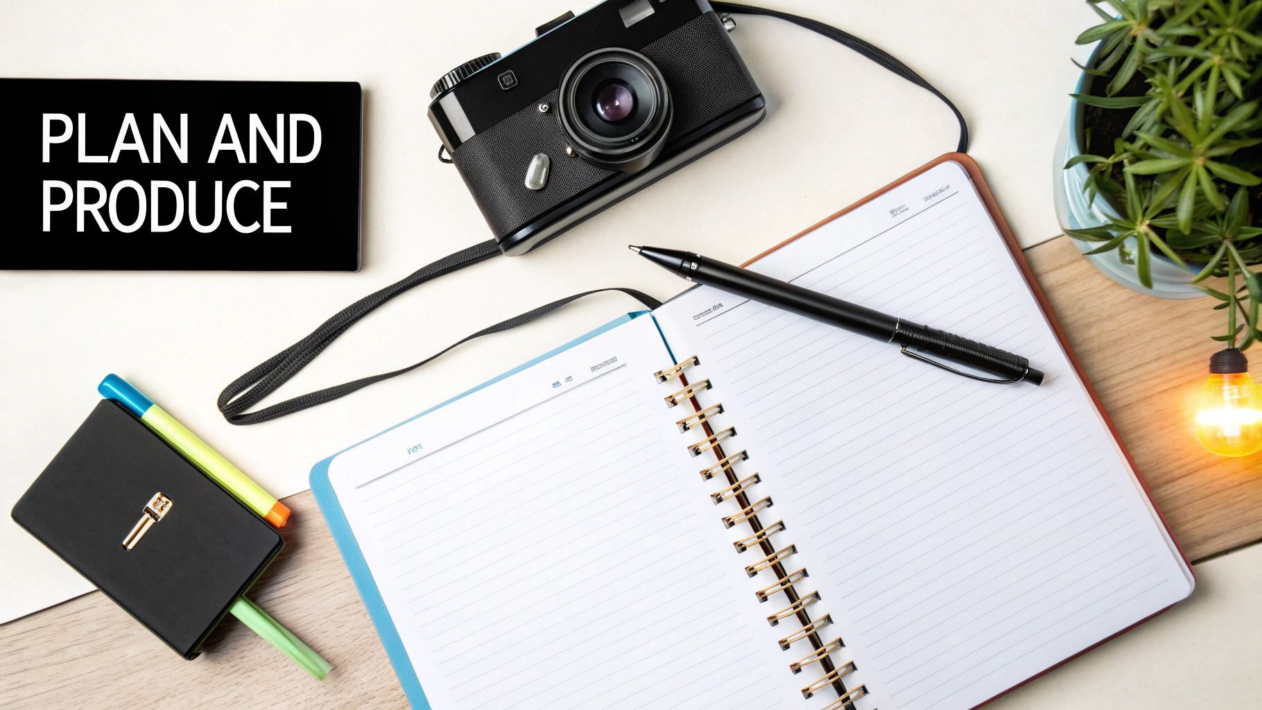 A content creator at their desk, sketching out an outline with a laptop, camera, and microphone nearby.