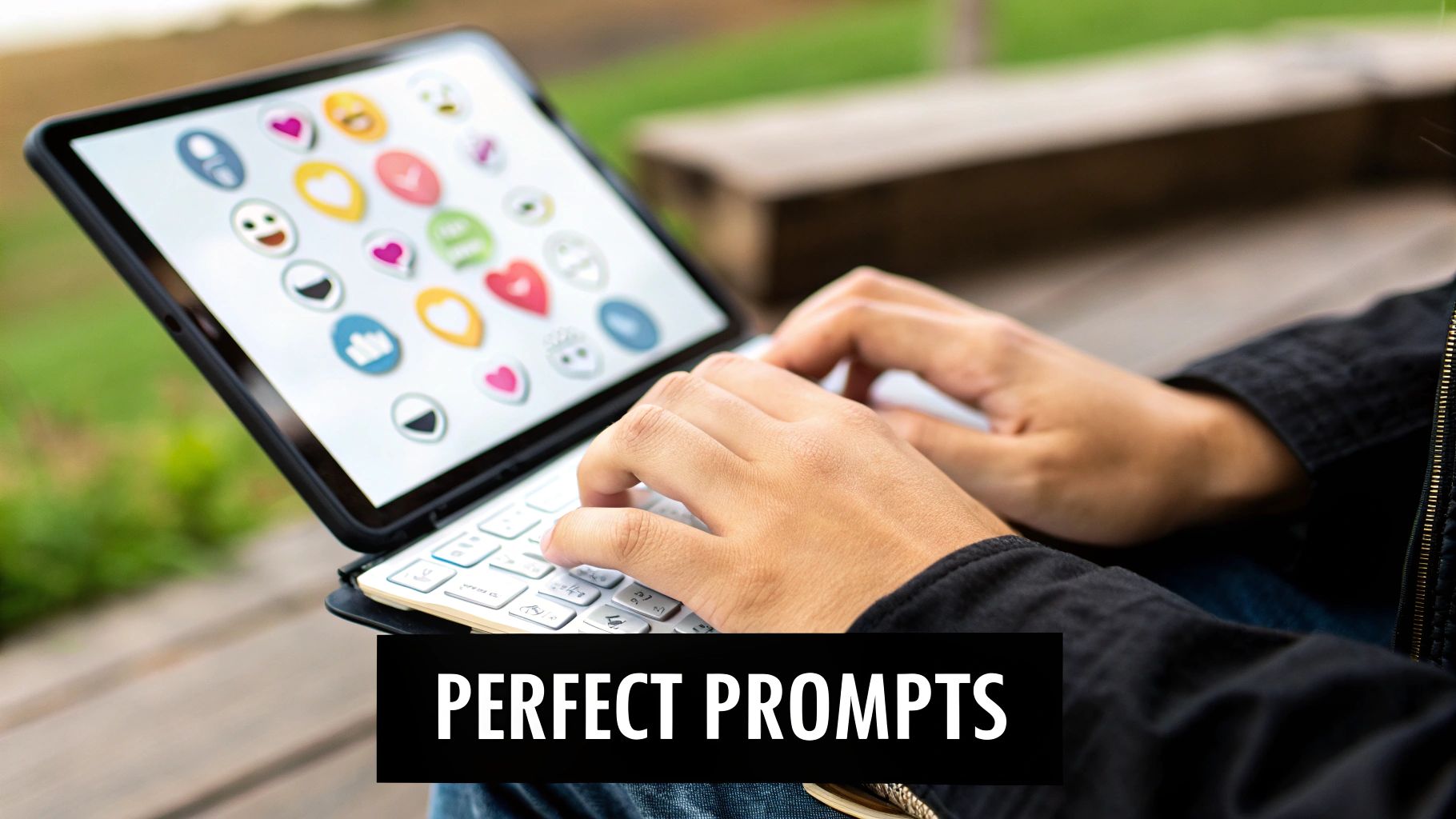 Person typing on tablet keyboard with colorful emoji stickers on screen, perfect prompts text overlay