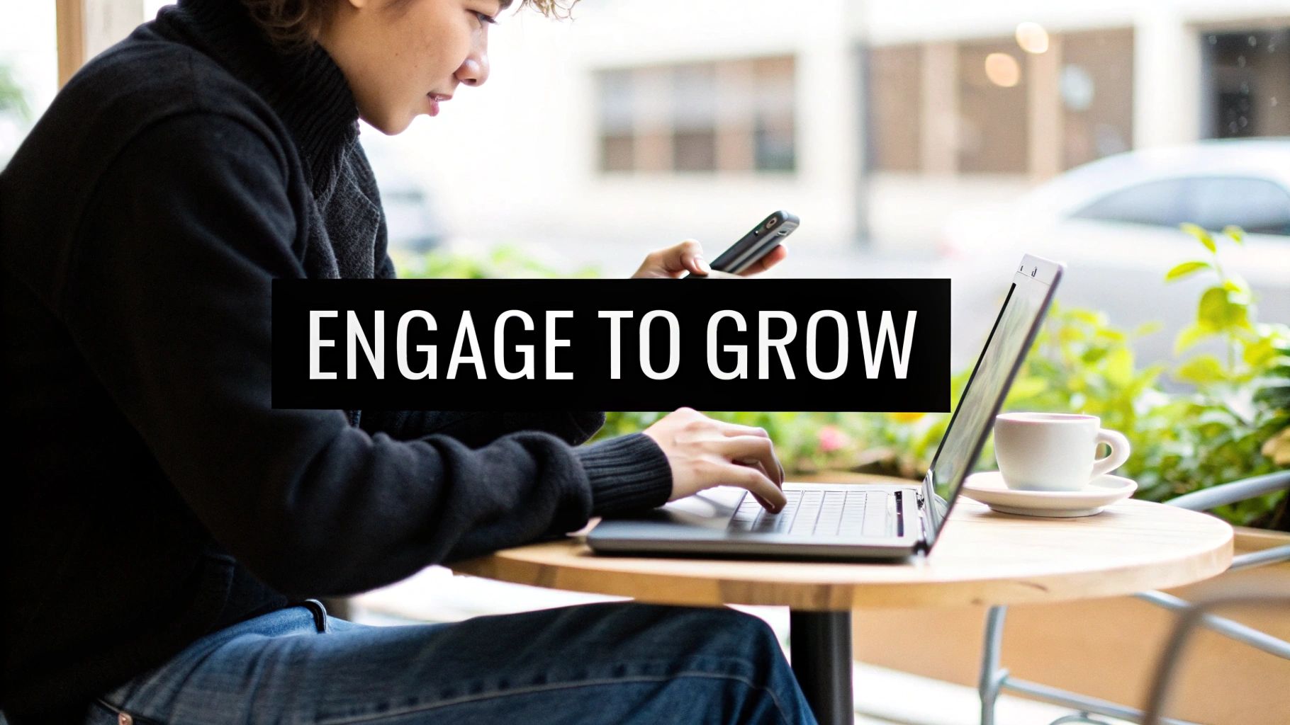 An illustrated hand holding a phone, with Instagram feature icons like collaborations, location tags, and poll stickers floating around it.