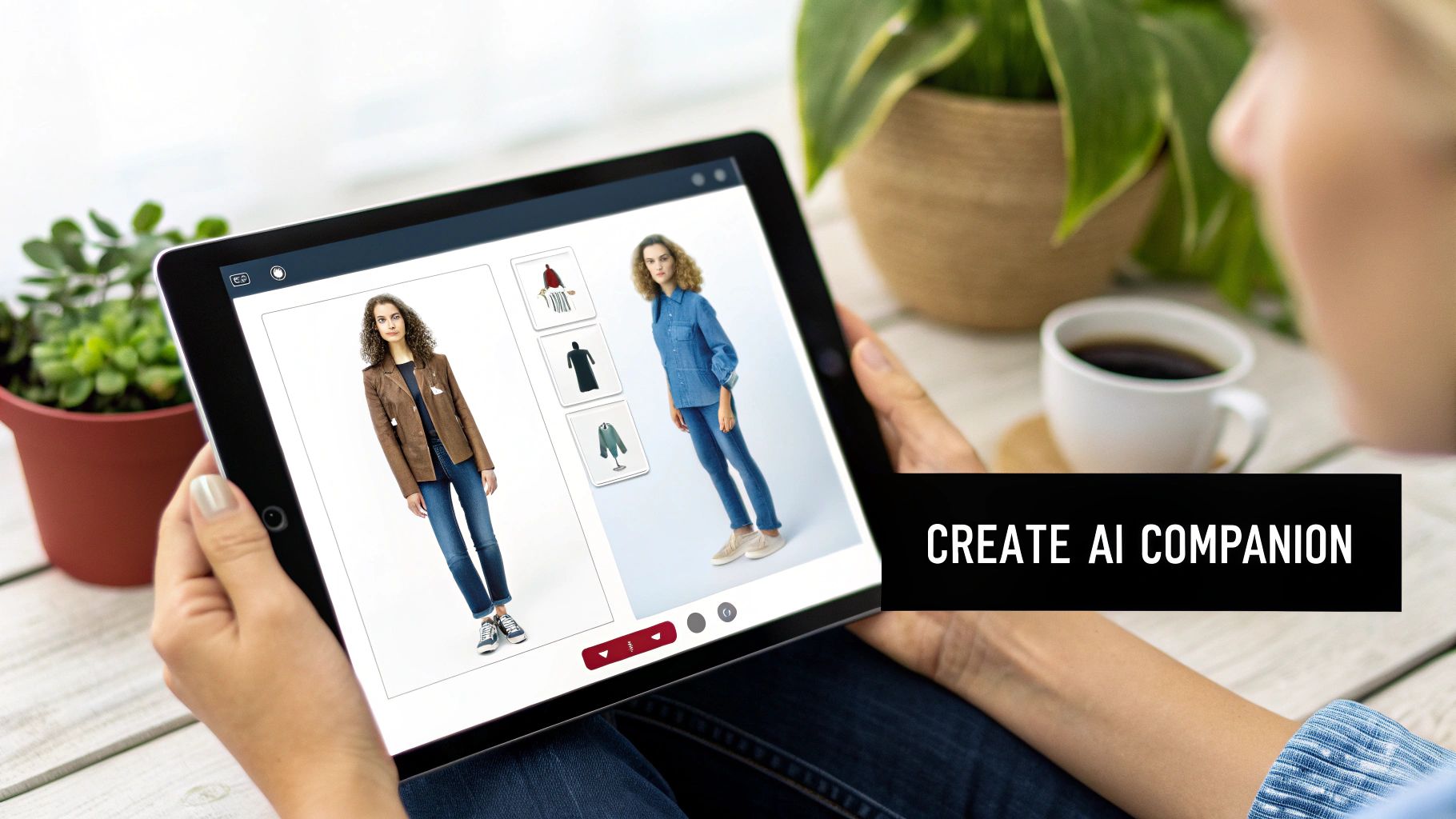 A person holds a tablet displaying a virtual fashion app with models trying different outfits.