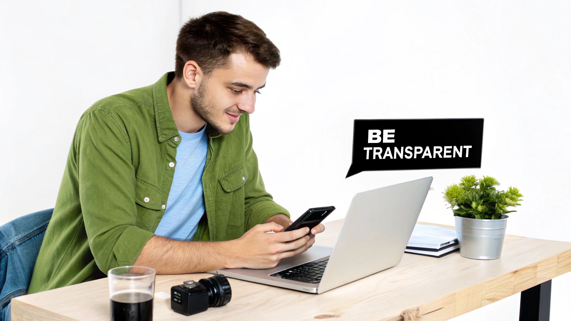 A young man uses a smartphone at a desk with a laptop, plant, and 'Be Transparent' speech bubble.