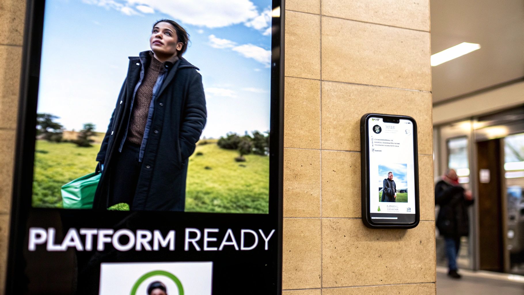 A woman on a large screen advertisement and a smartphone display mounted on a textured wall.