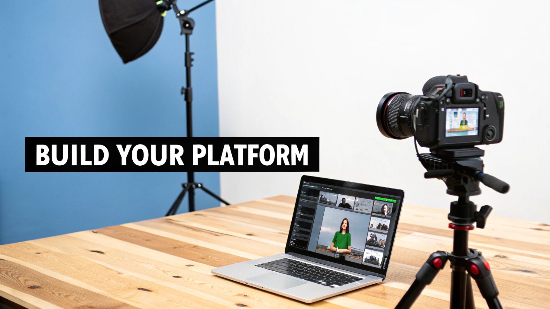 A professional camera and laptop display a video call setup, with a studio light and 'BUILD YOUR PLATFORM' text.