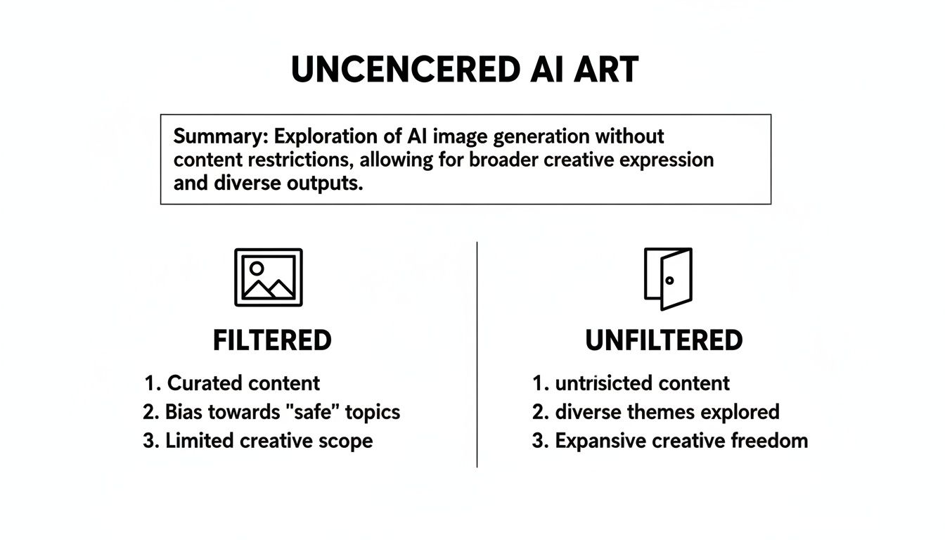 Diagram contrasting filtered and unfiltered AI art, highlighting content restrictions versus creative freedom and diverse outputs.