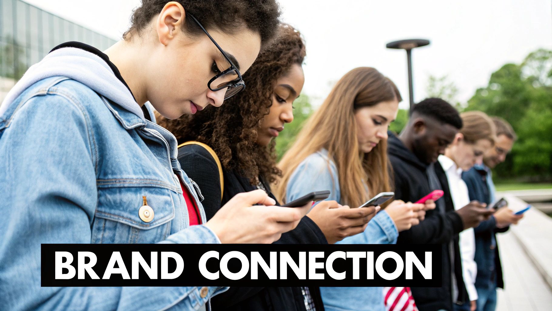 A person scrolling through a social media feed on their smartphone, with various brand logos visible.