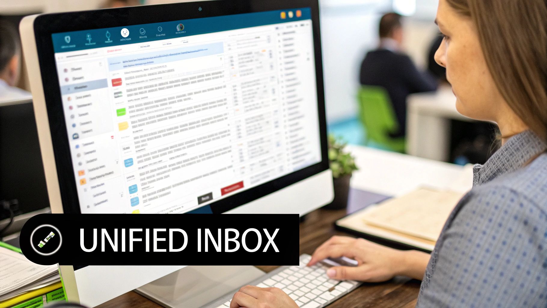 A person managing multiple social media accounts on various devices, showing a unified inbox for engagement.