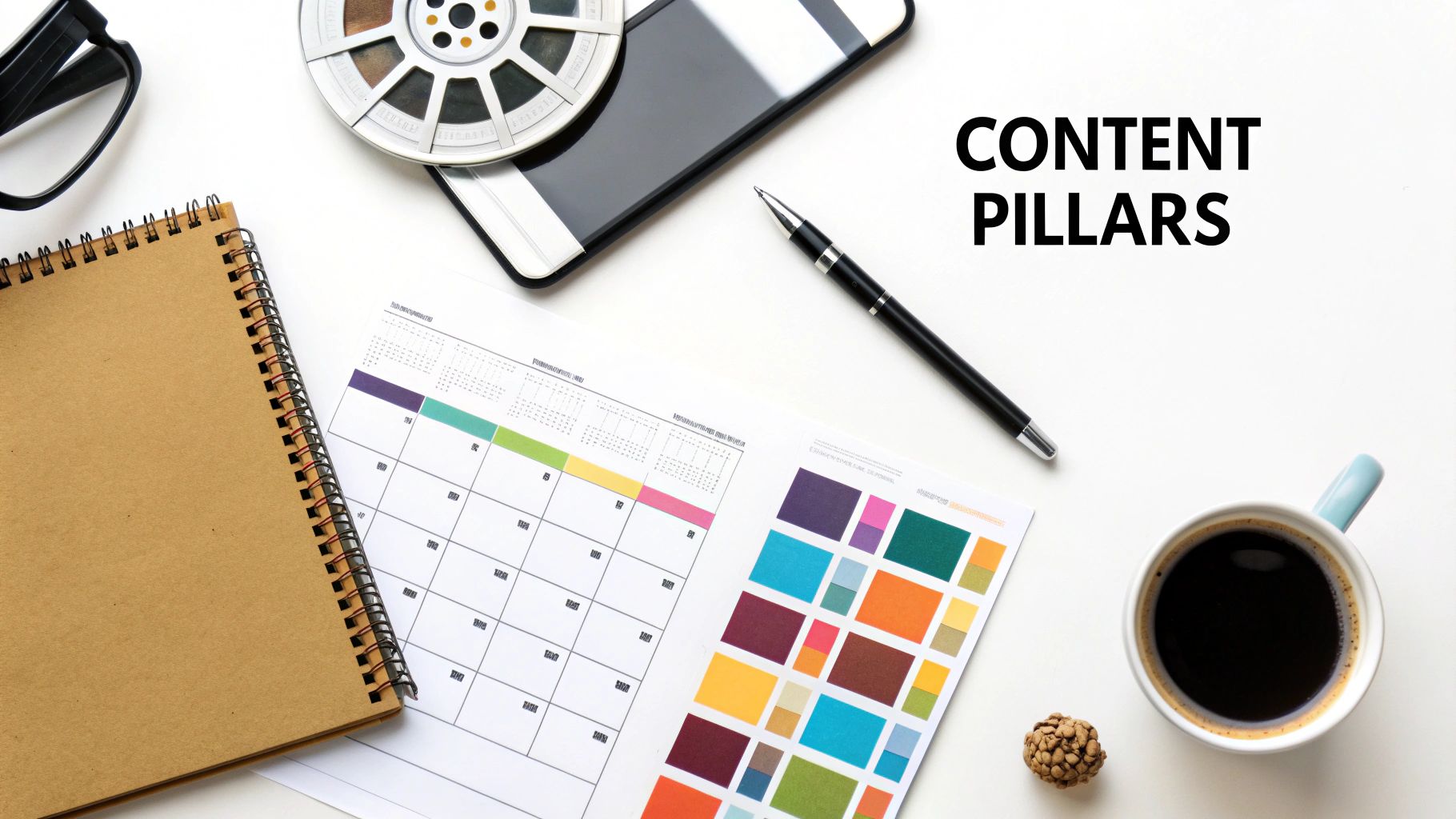 A flat lay of a content creation workspace with content pillars text, notebook, calendar, and coffee.