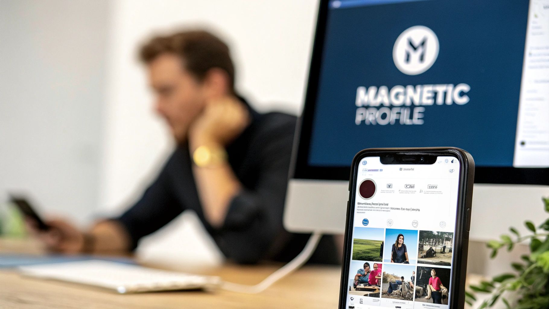 Close-up of a smartphone displaying an Instagram profile with a computer showing 'MAGNETIC PROFILE' in the background.