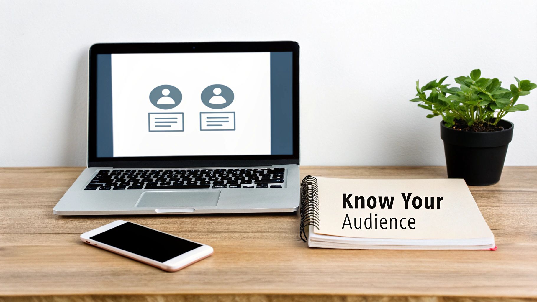 A desk setup featuring a laptop displaying audience profiles, a smartphone, and a notebook titled 'Know Your Audience'.