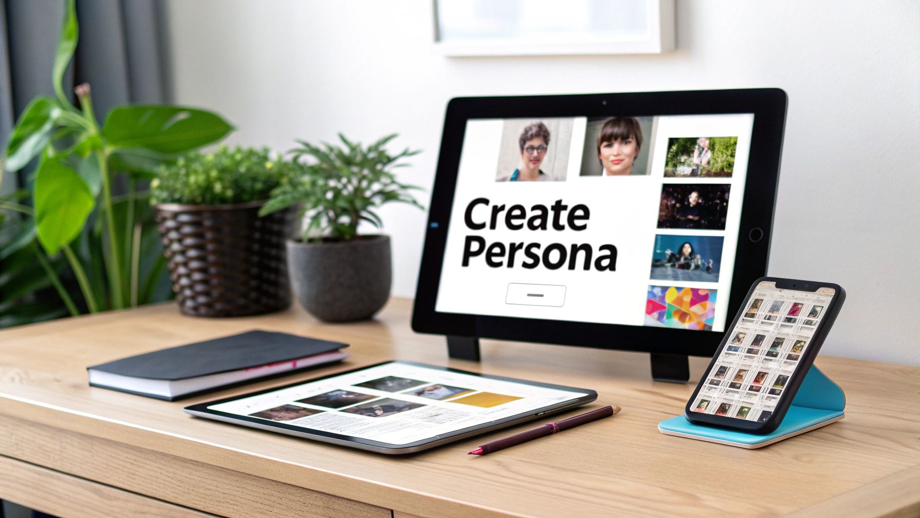 Desk setup featuring a tablet displaying 'Create Persona', another tablet, smartphone, notebook, and plants.