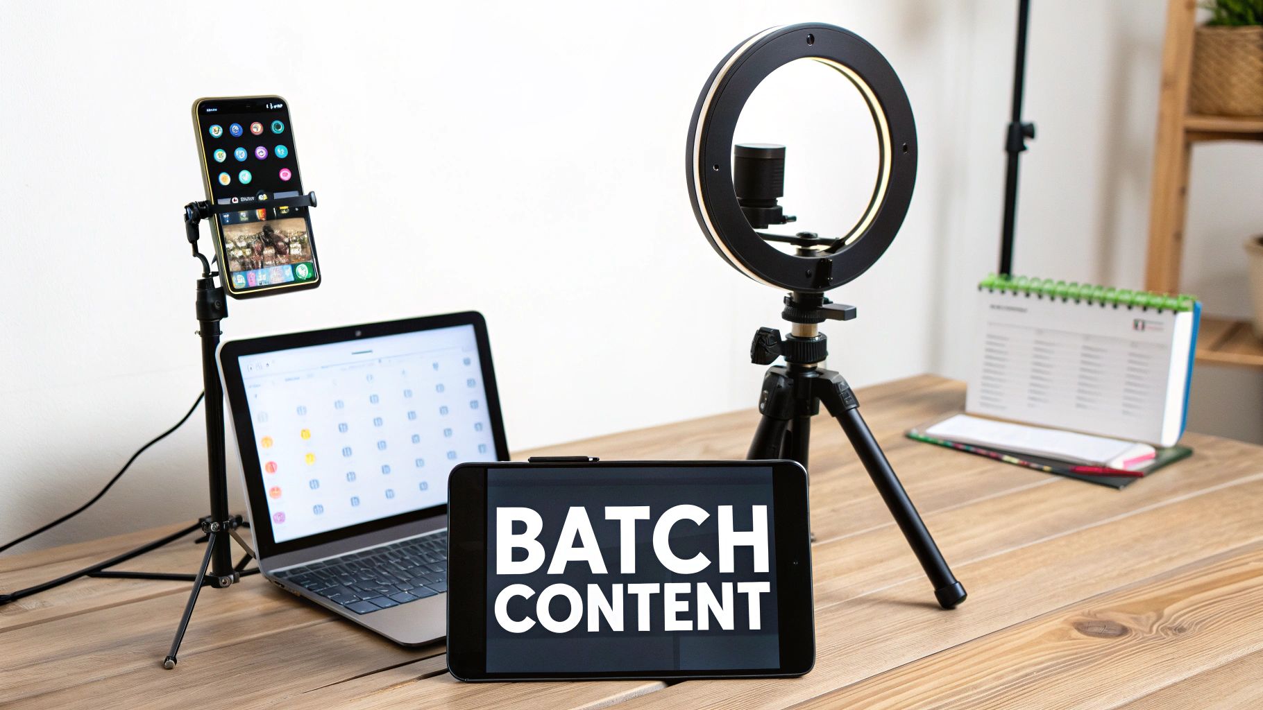 Modern content creation workstation with phone on tripod, laptop, and tablet displaying 'BATCH CONTENT'.