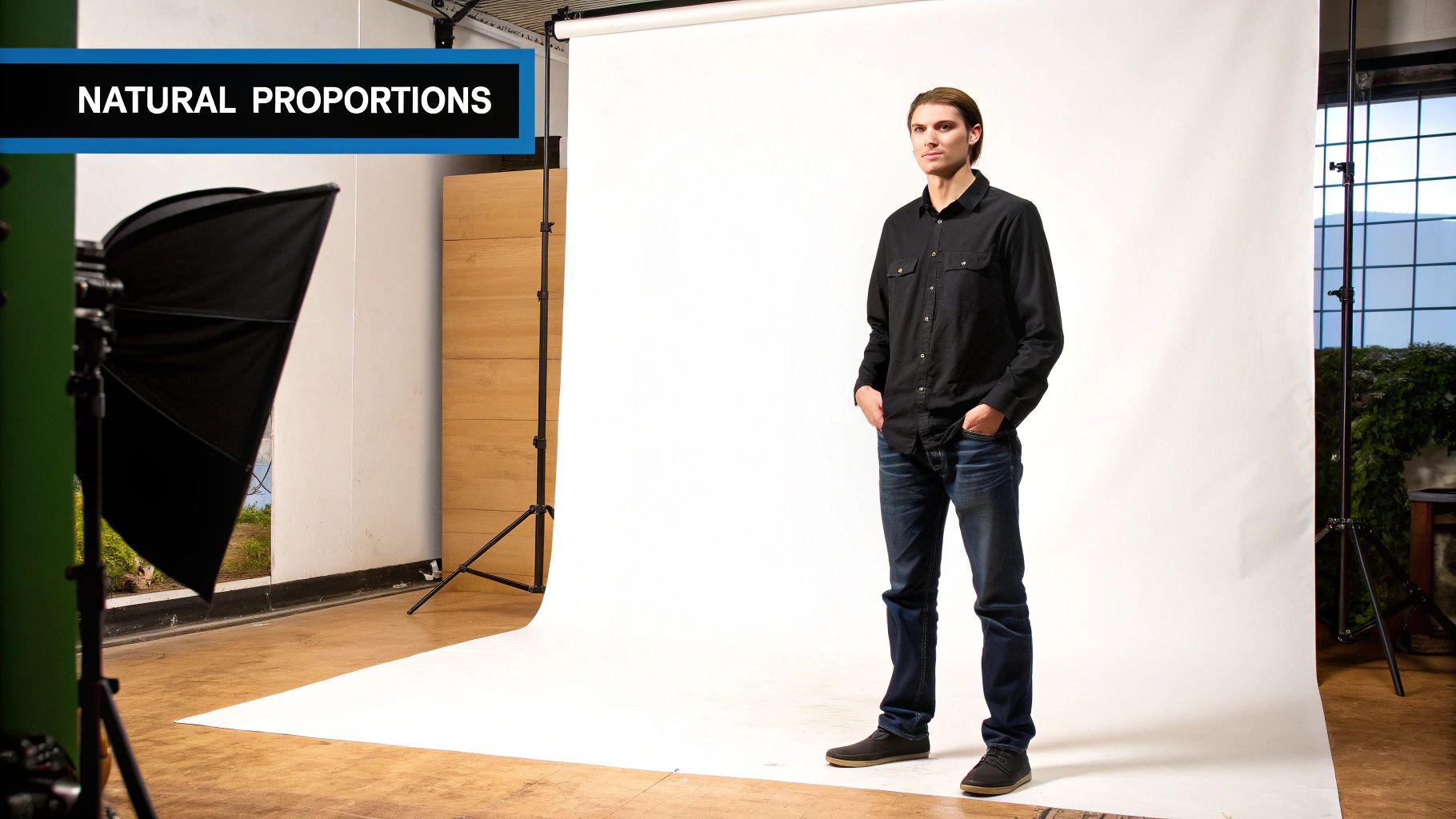 A man stands confidently in a photography studio with a white backdrop, demonstrating natural body proportions.