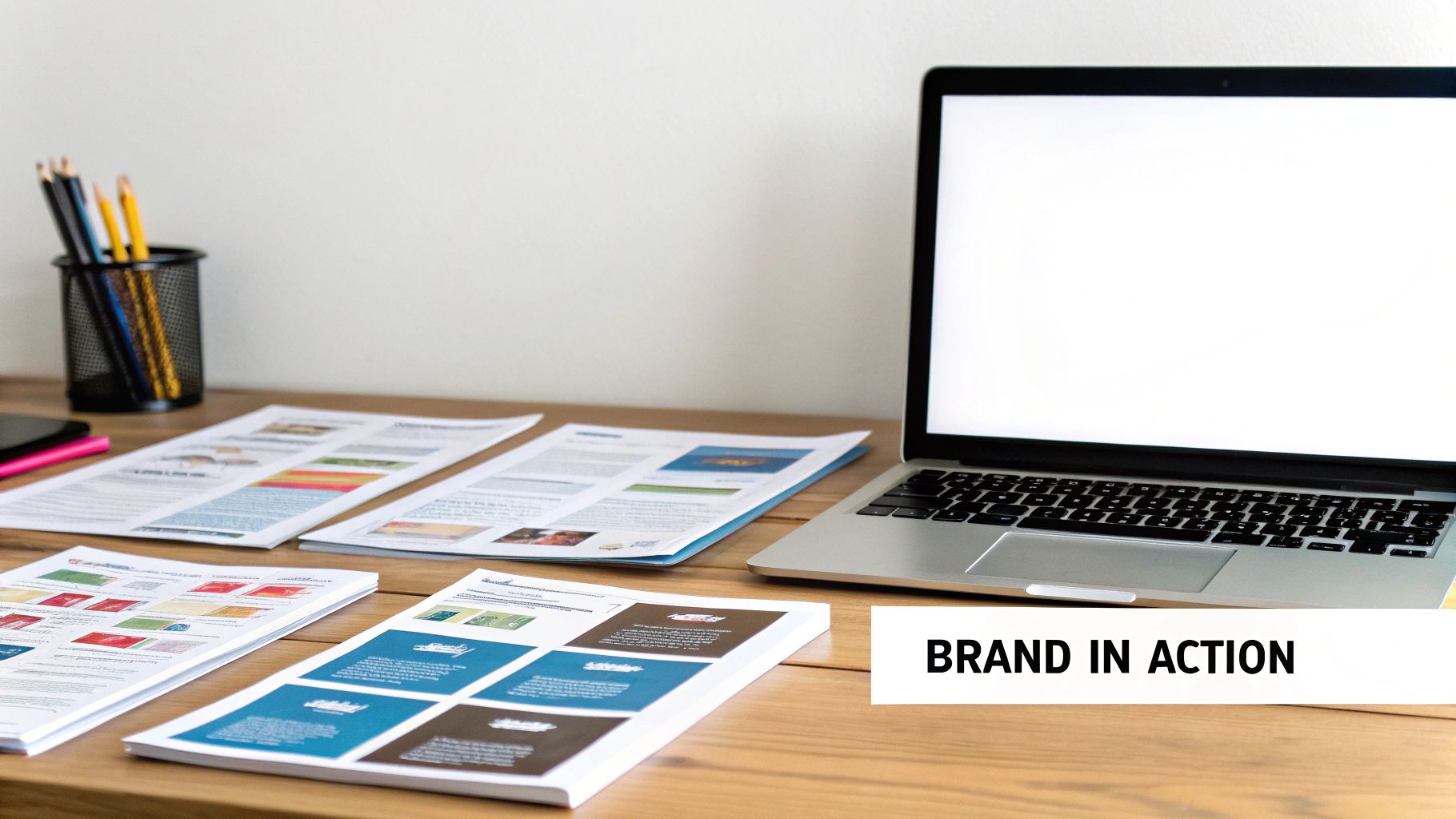 A team collaborating around a table, reviewing mockups on a laptop that display consistent branding across different formats.