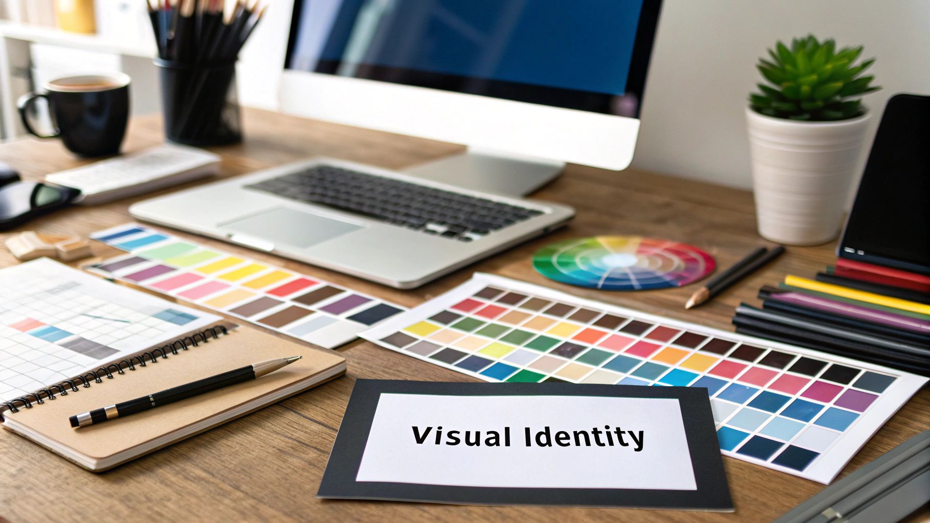 A designer looking at a mood board with color swatches and logo variations, representing the creation of a brand guide.