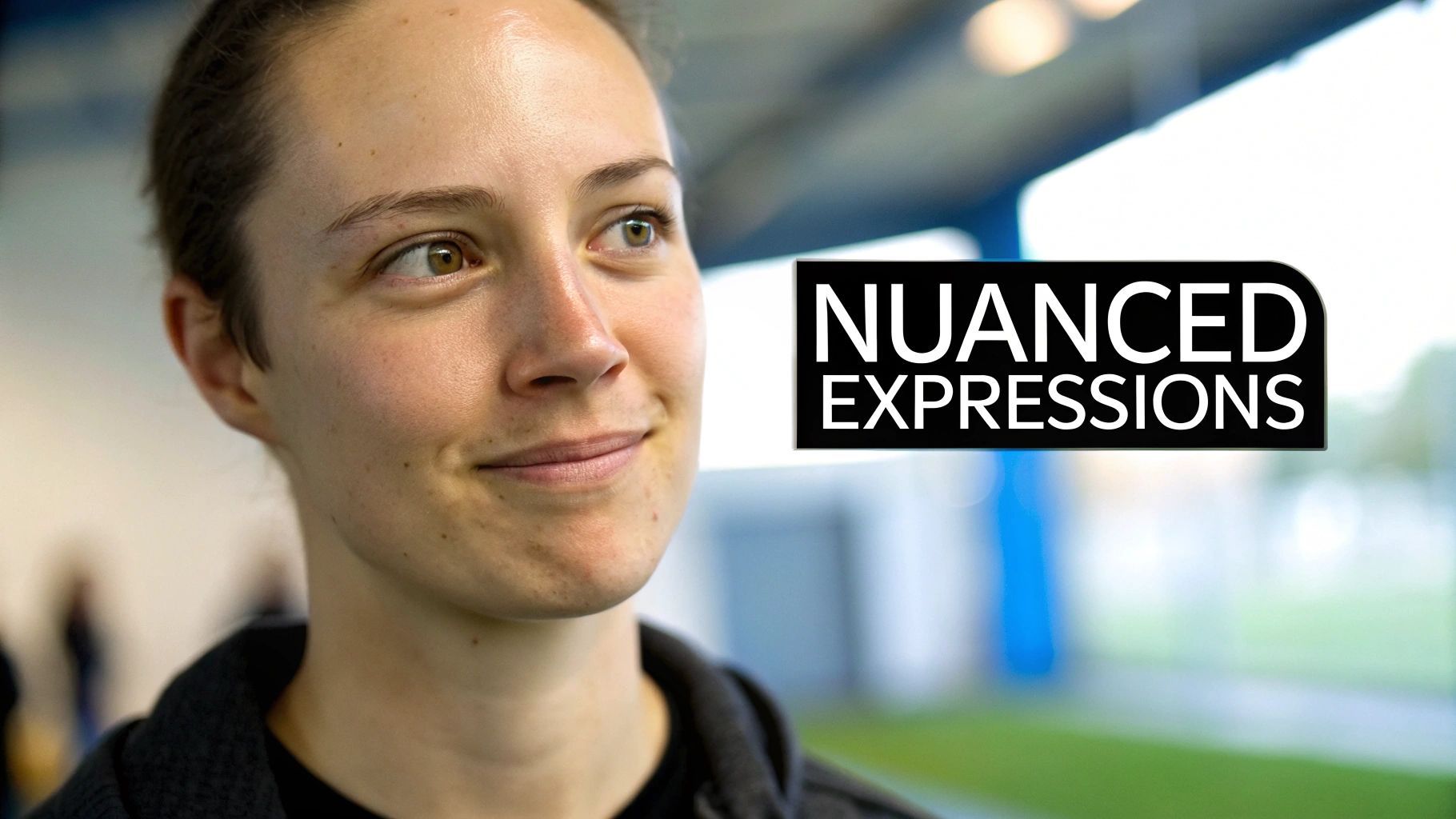 Close-up of a person's face with a subtle, nuanced expression, looking to the side.