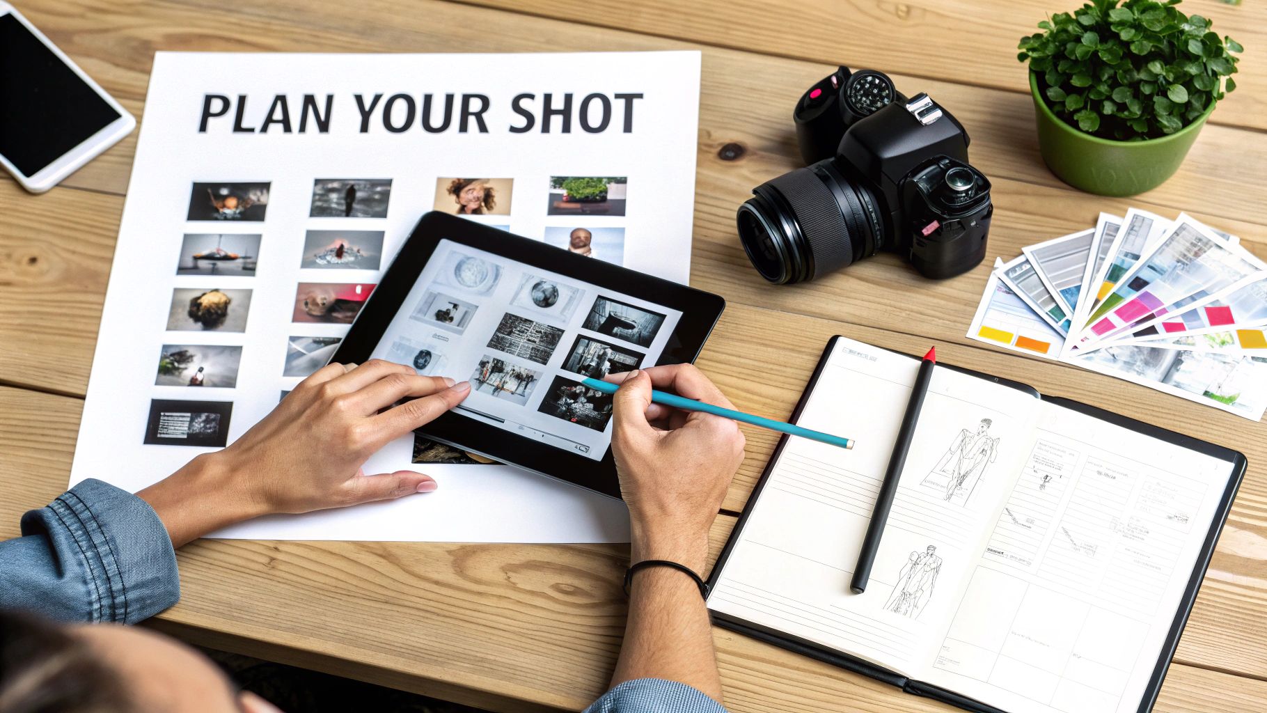 Hands plan a photoshoot on a wooden desk with a tablet, camera, 'PLAN YOUR SHOT' guide, and sketches.