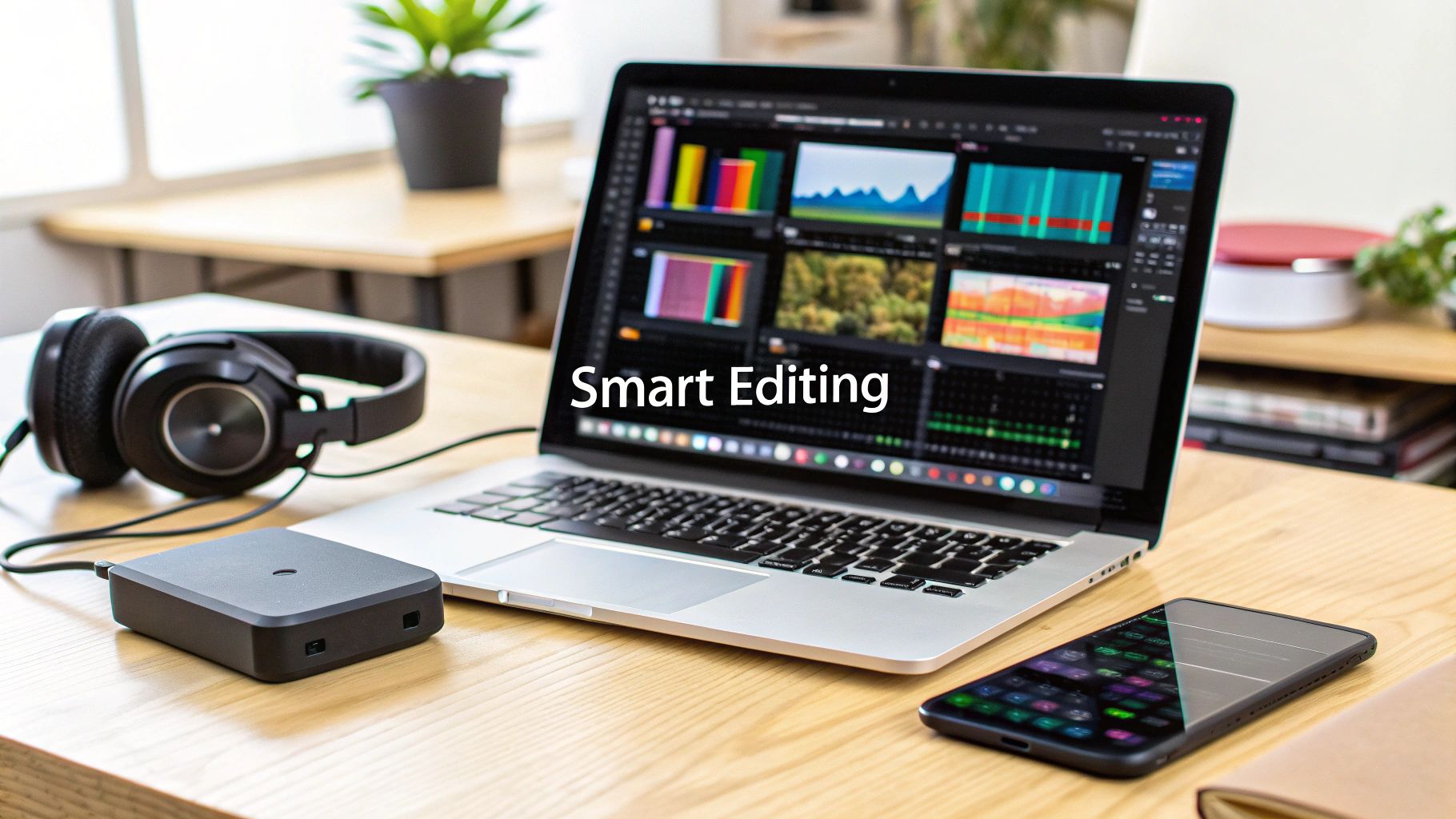 Professional video editing setup with laptop showing software, headphones, external drive, and smartphone on a wooden desk.
