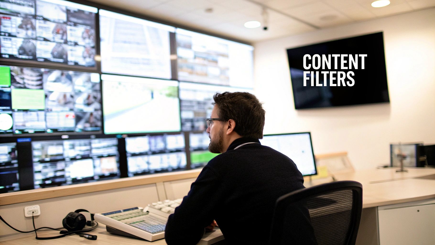 A man in a control room views multiple screens, one displaying 'CONTENT FILTERS'.
