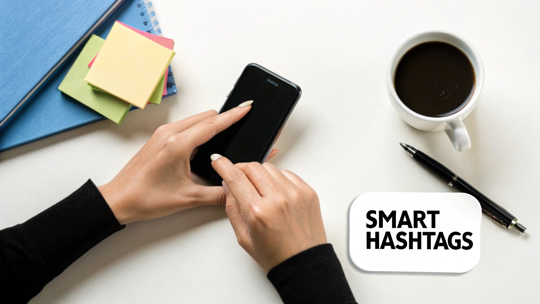 A person typing on a phone, strategizing their Instagram caption and hashtags.