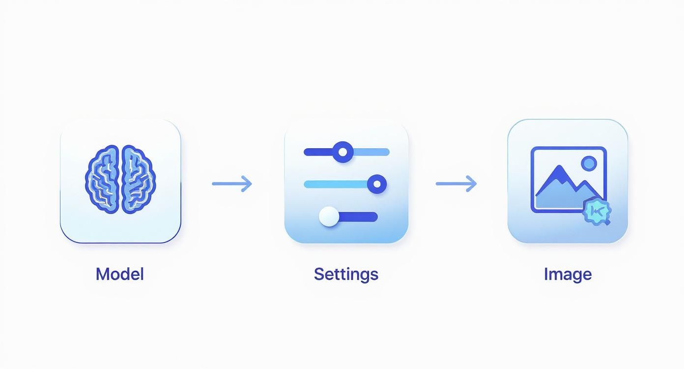 Infographic showing a process flow for AI photo settings, starting with the Model, moving to Settings, and ending with the Image.