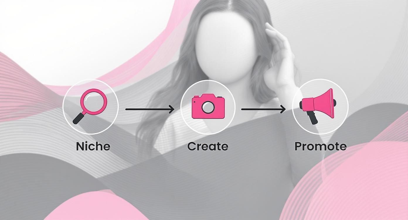 Workflow showing steps to create content anonymously: Niche, Create, Promote with icons.